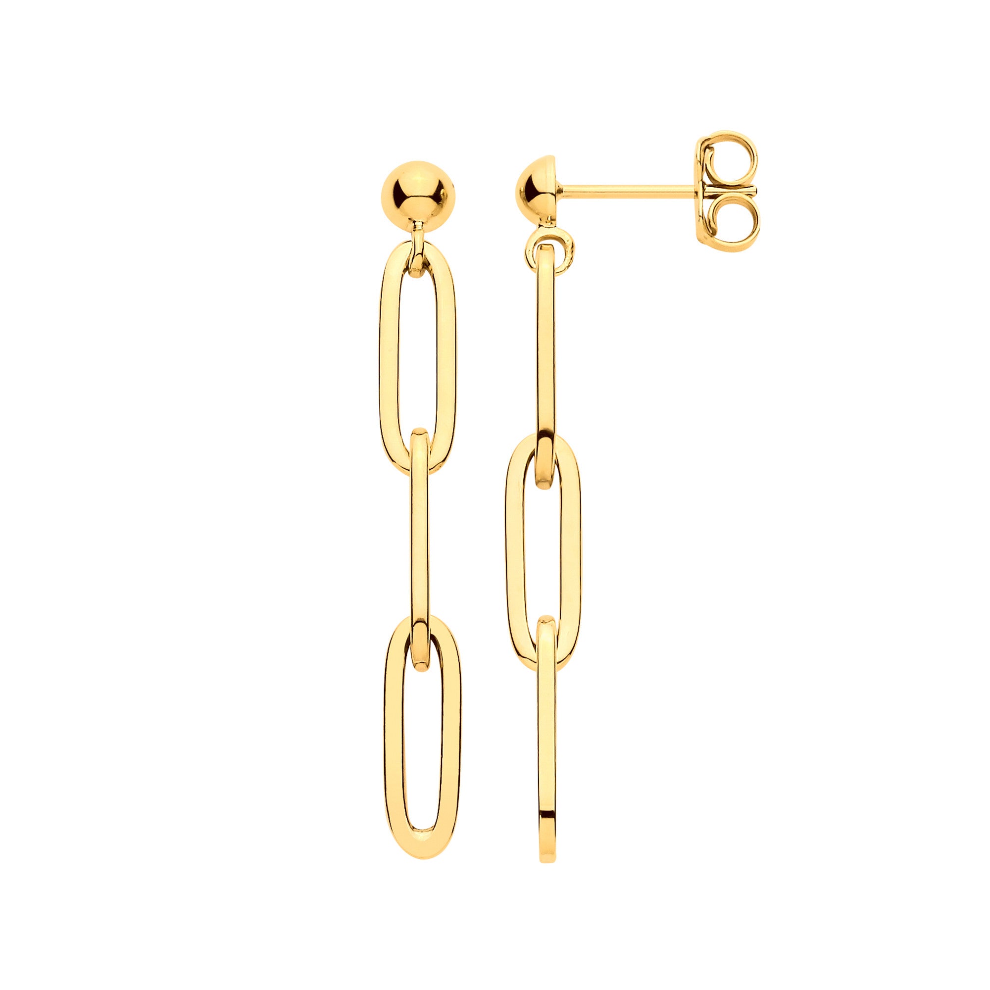 Yellow Gold Paper Clip Plain Drop Earrings - 9ct Gold