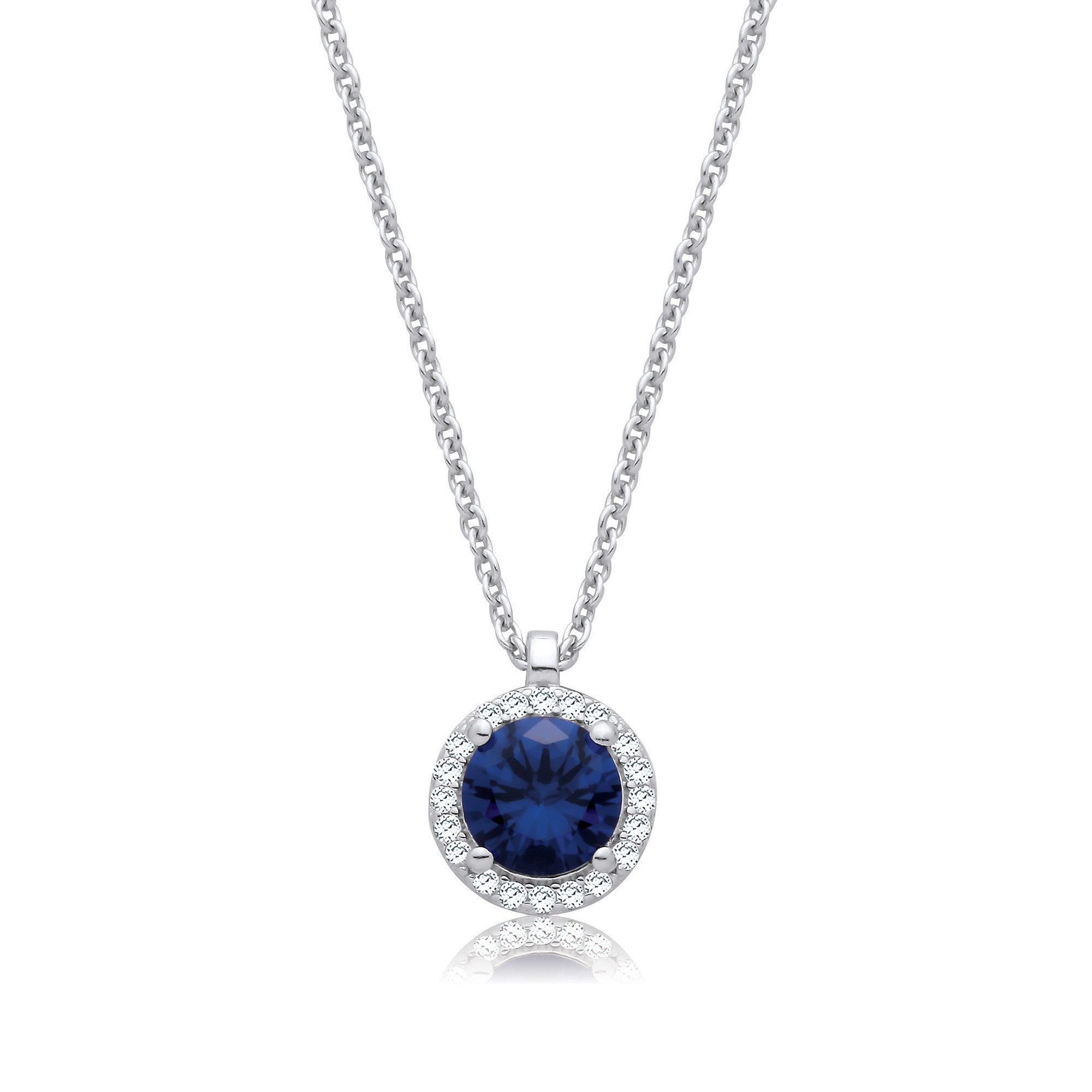 Sapphire Blue and Clear Cubic Zirconias Halo Pendant with Chain - Silver