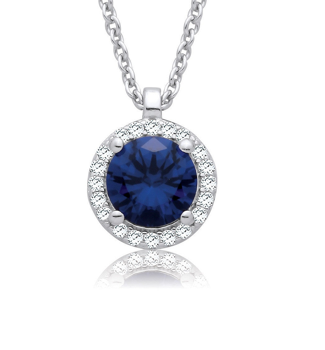 Sapphire Blue and Clear Cubic Zirconias Halo Pendant with Chain