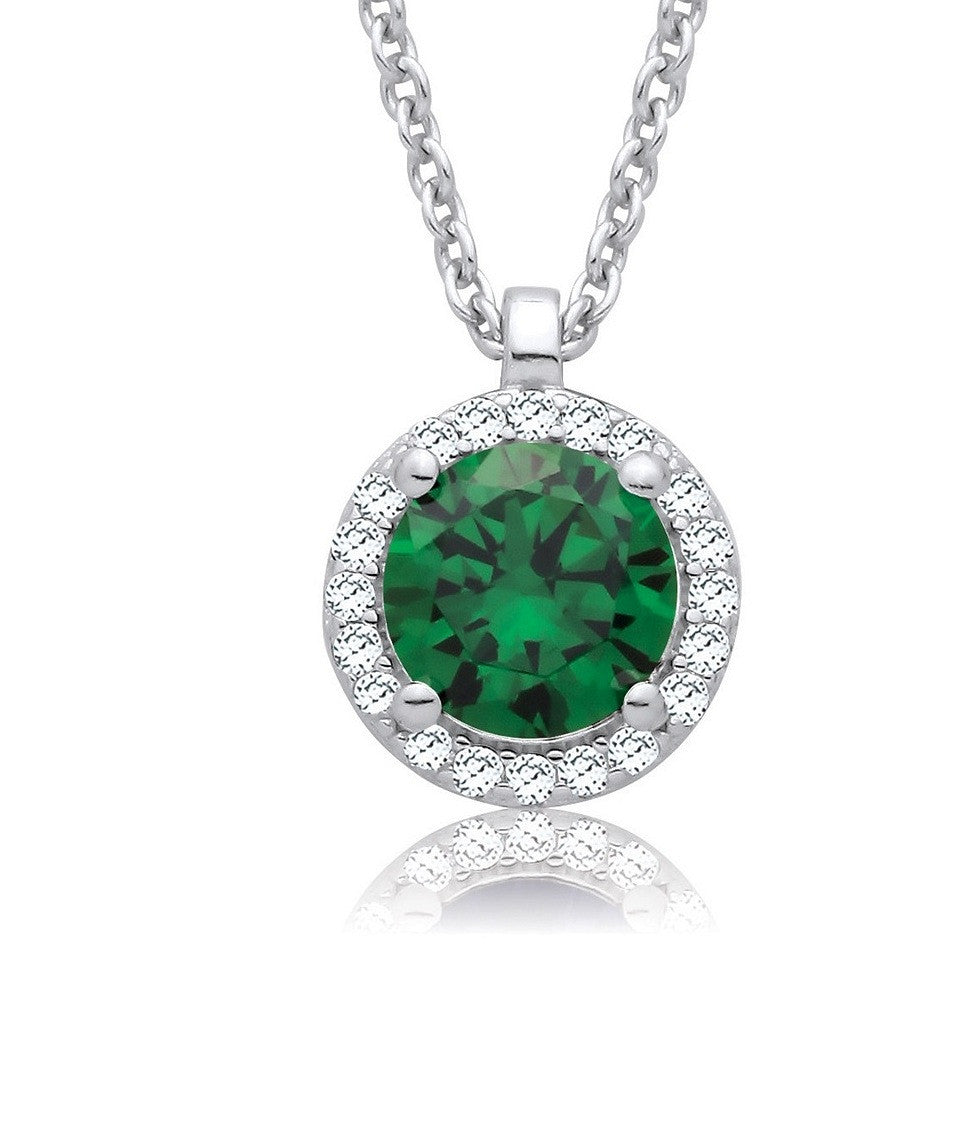 Emerald Green and Clear Cubic Zirconias Halo Pendant with Chain