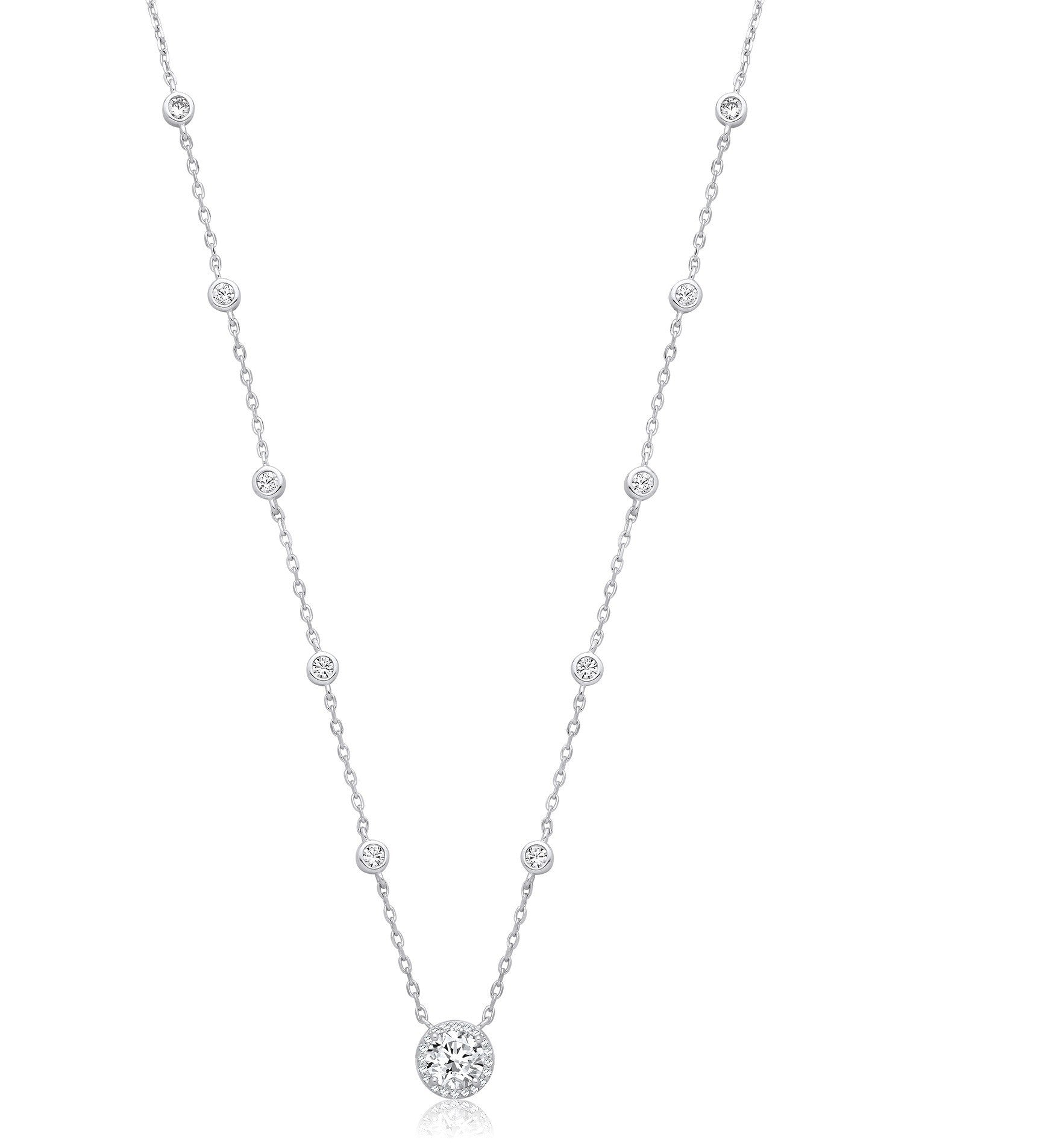 Silver 10 Rubover Cubic Zirconias with Halo Cubic Zirconia Pendant Necklace - Silver