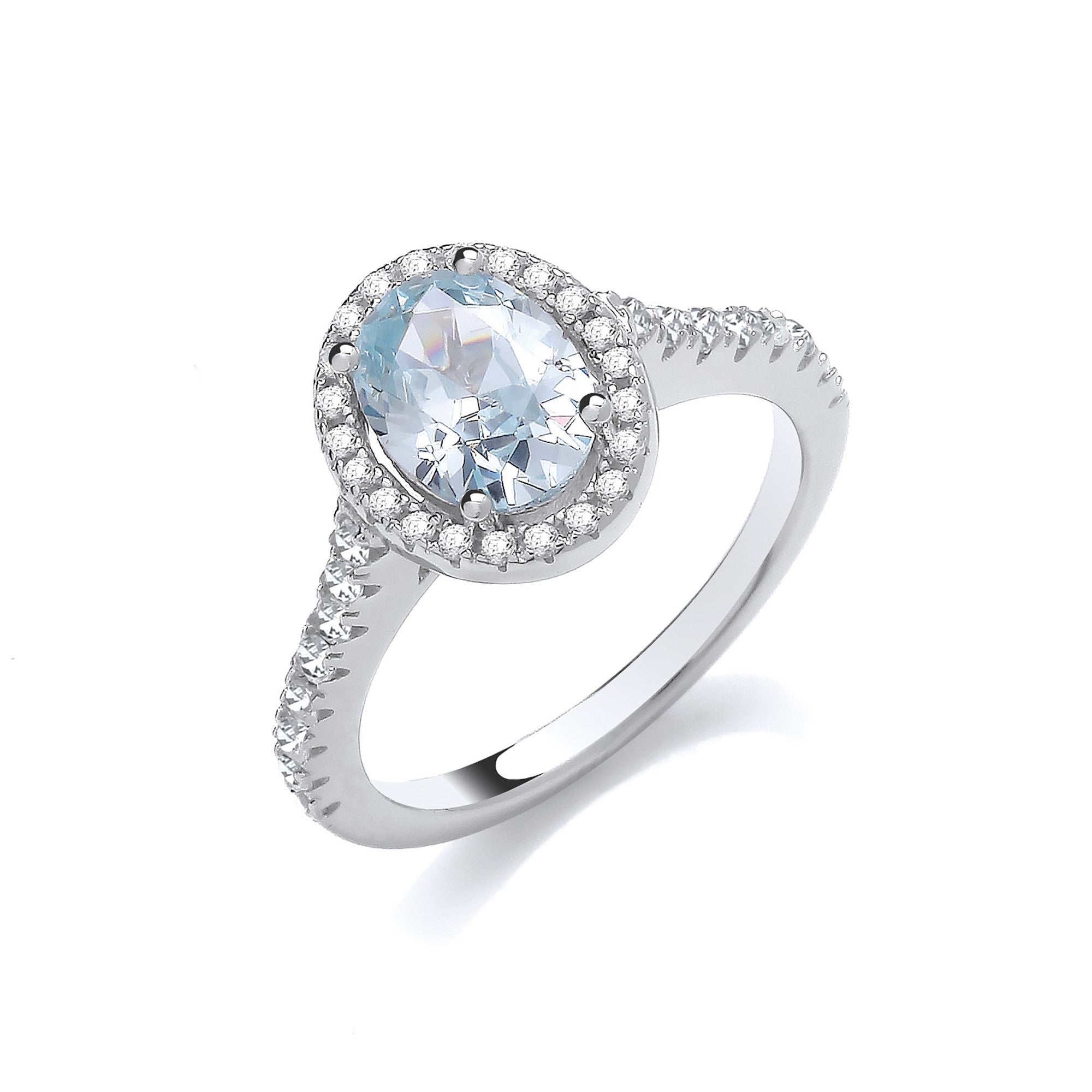Oval Aquamarine Cubic Zirconia Halo Ladies Ring J-Jaz - Silver