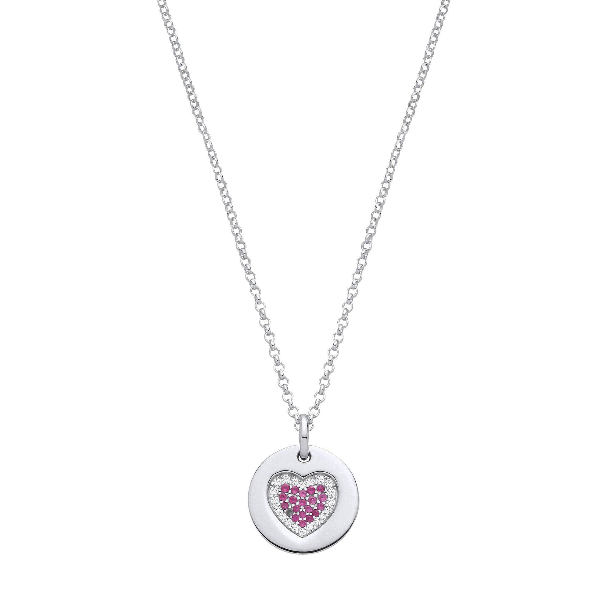 Silver Chain with Pink Cubic Zirconias Heart on Circle Pendant - Silver