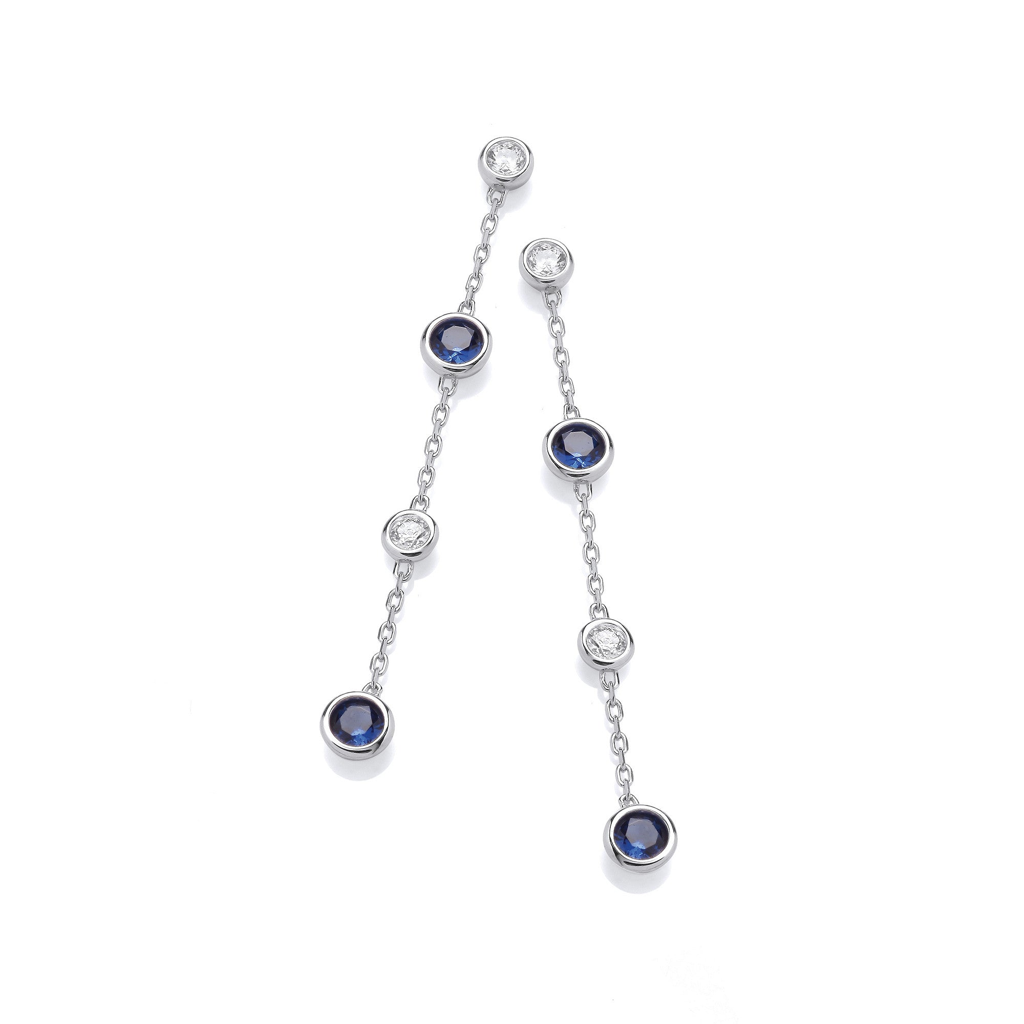 Silver Rubover Clear & Blue Cubic Zirconia's Drop Earrings - Silver