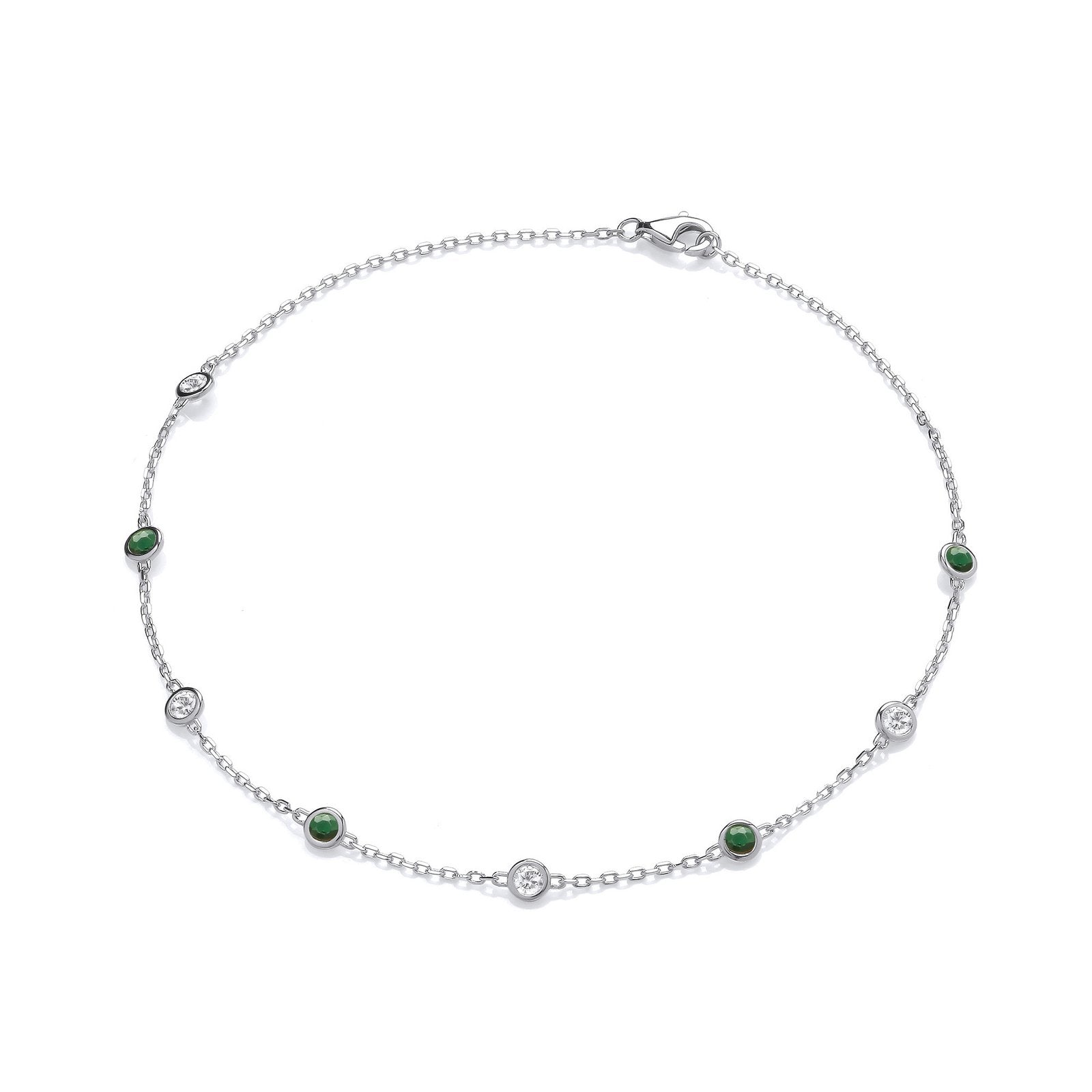 Silver Rubover Green & Clear Cz's Ladies Anklet
