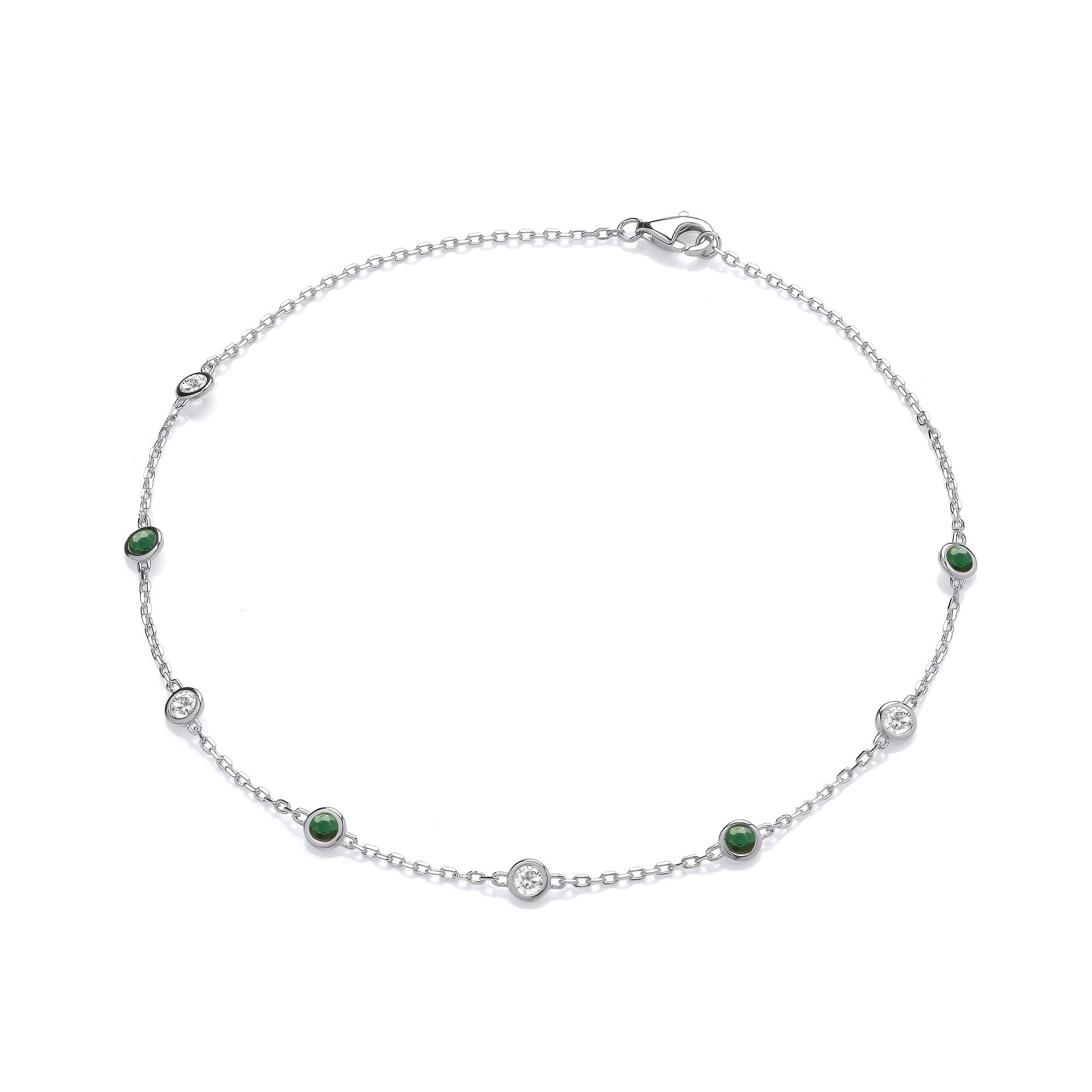 Silver Rubover Green & Clear Cubic Zirconia's Ladies Anklet - Silver