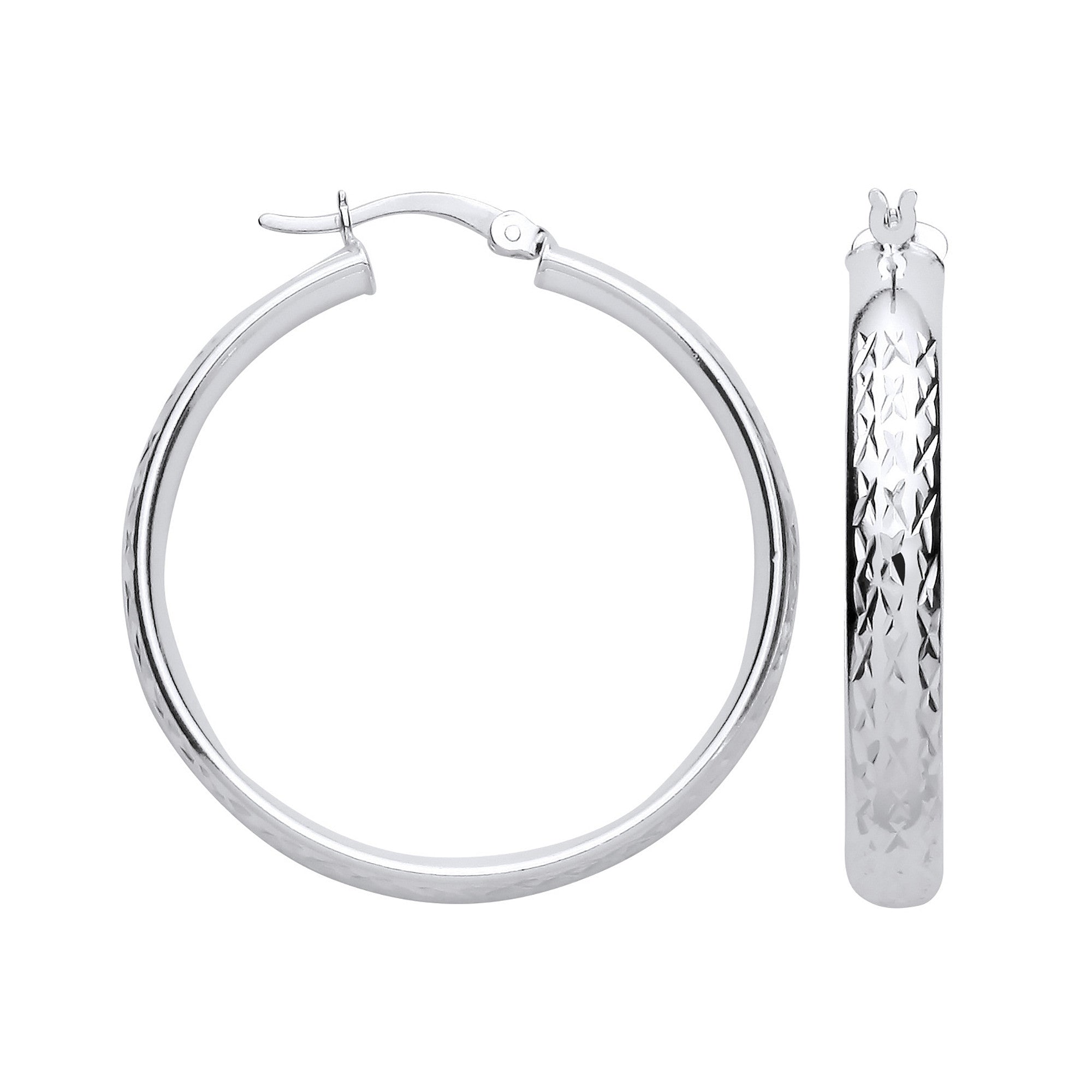 Silver 30mm Tyre Tread Design D Shape Earrings - Silver