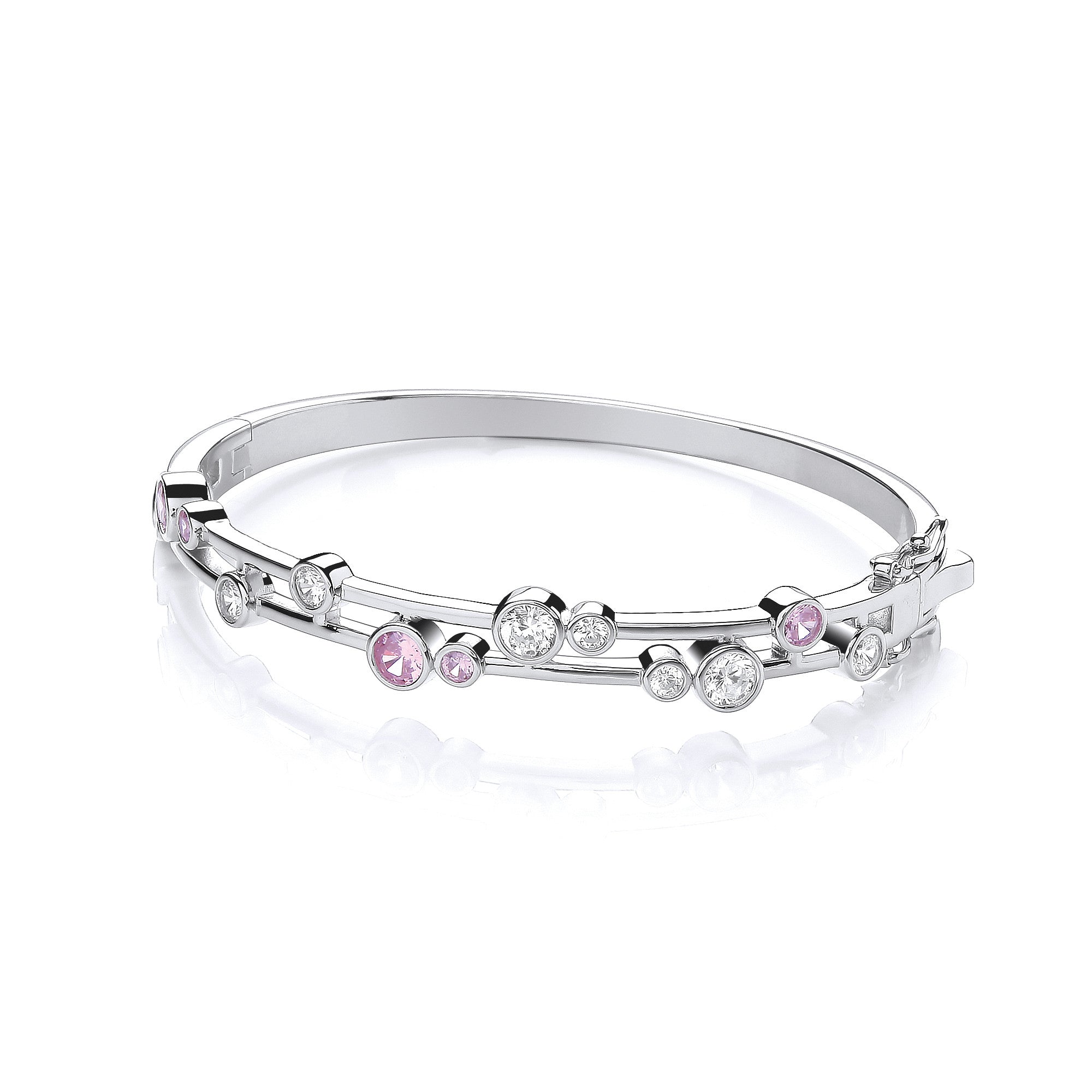 Timeless Rubover set Pink & Clear Cubic Zirconias Ladies J-Jaz Bangle - Silver