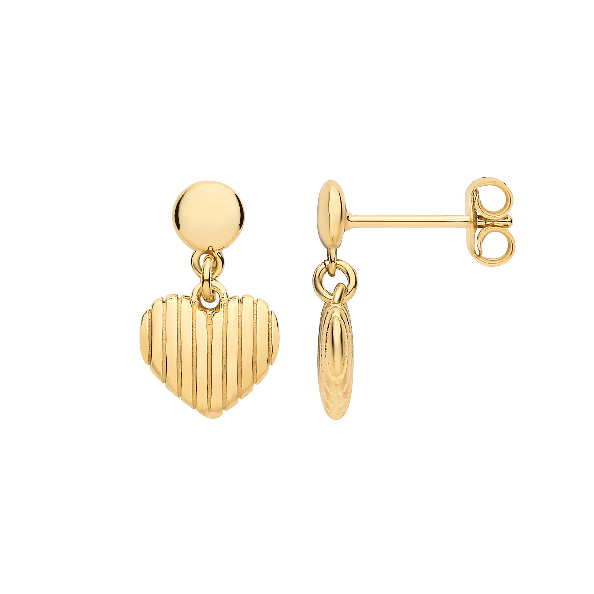 Silver Yellow Gold Plated Heart Ribbed Drop Earrings