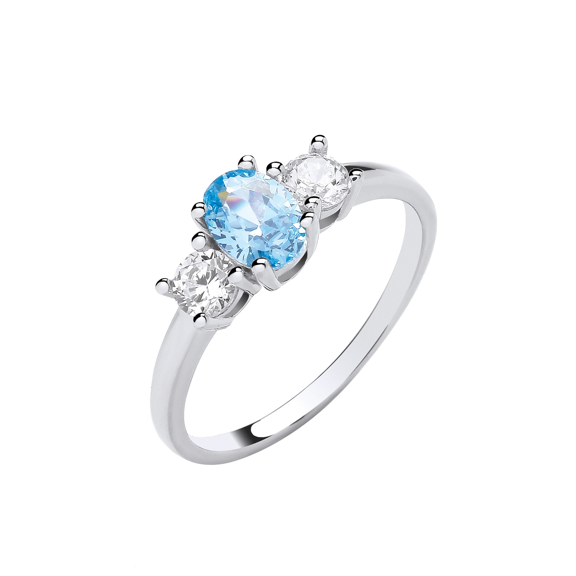Silver Trilogy Ring Clear Round & Oval Aquamarine Blue Cubic Zirconias