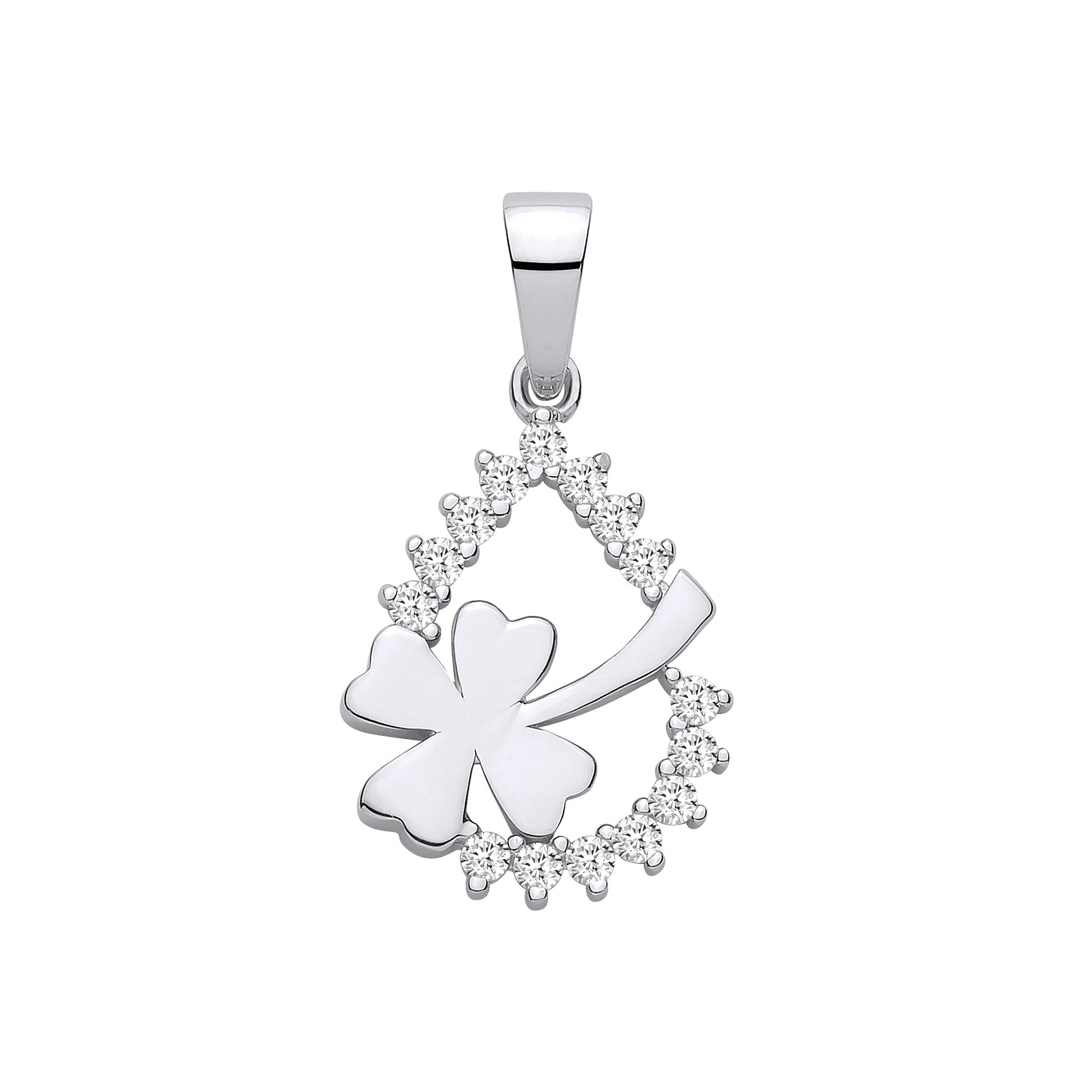 Silver Teardrop Lucky Four-Leaf Clover Cubic Zirconia Pendant
