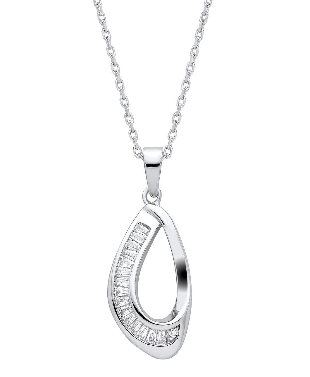 Silver Baguette Cubic Zirconias Open Teardrop Pendant with Chain