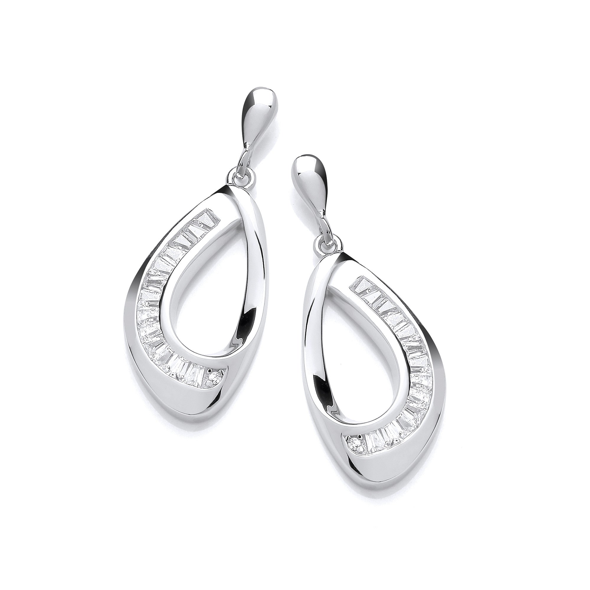 Silver Baguette Cubic Zirconias Open Teardrop Earrings