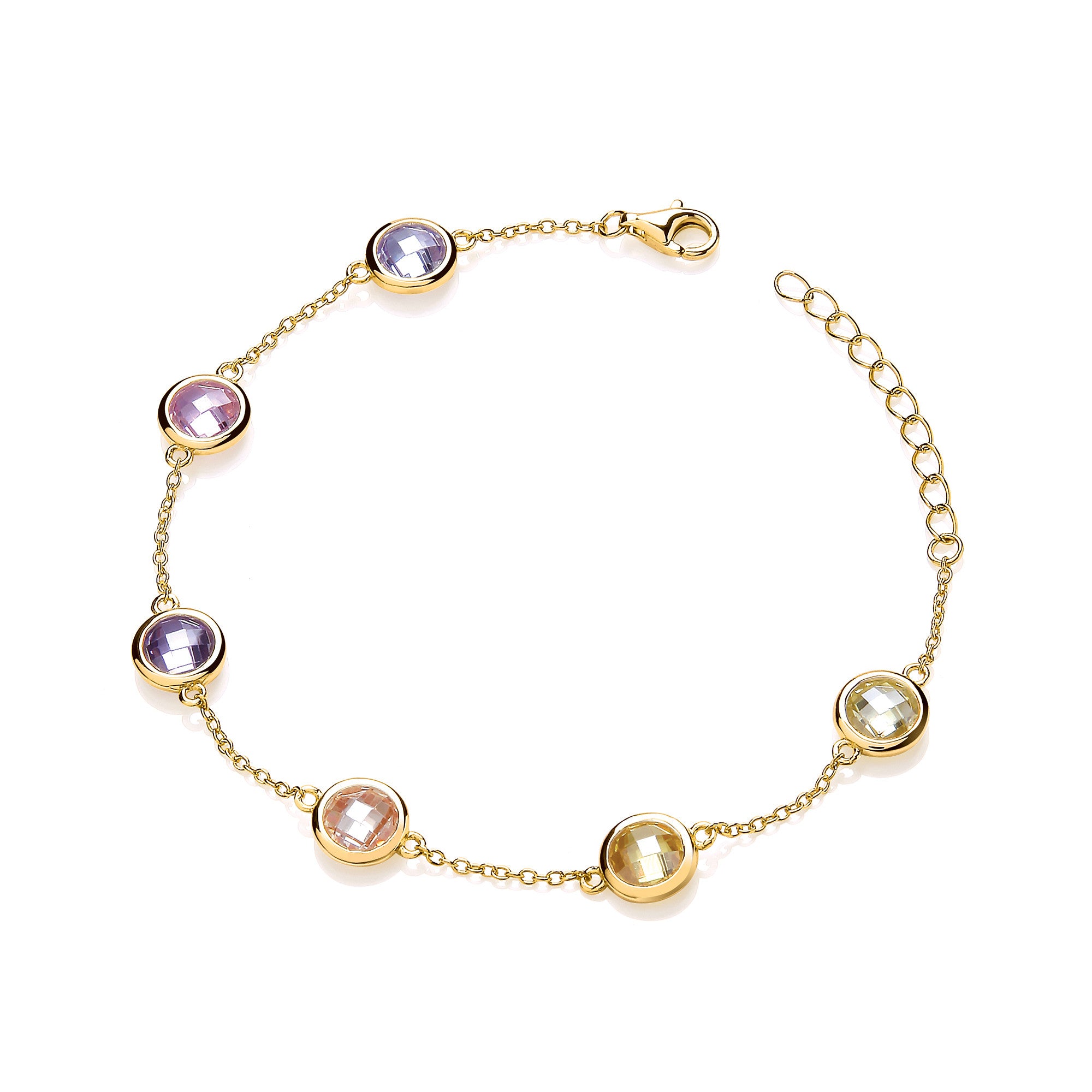 Yellow Gold Plated Silver Chess Cut Multi Colour 6mm Cubic Zirconias Ladies Bracelet