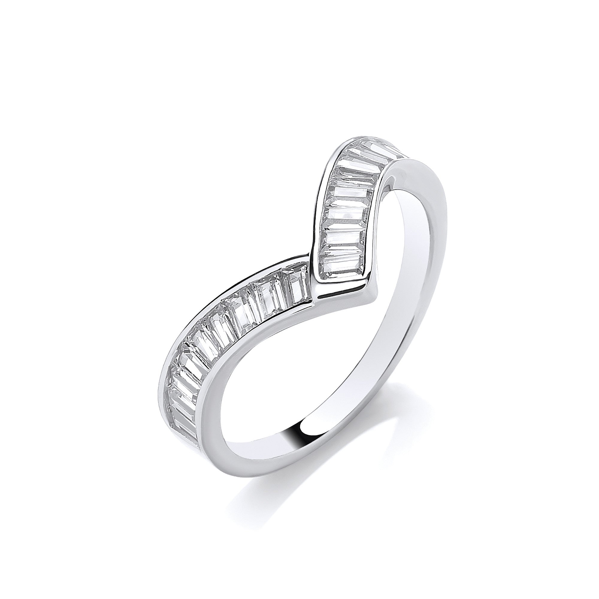 Silver Wishbone Ring Baguette Cut Cubic Zirconias Channel Set