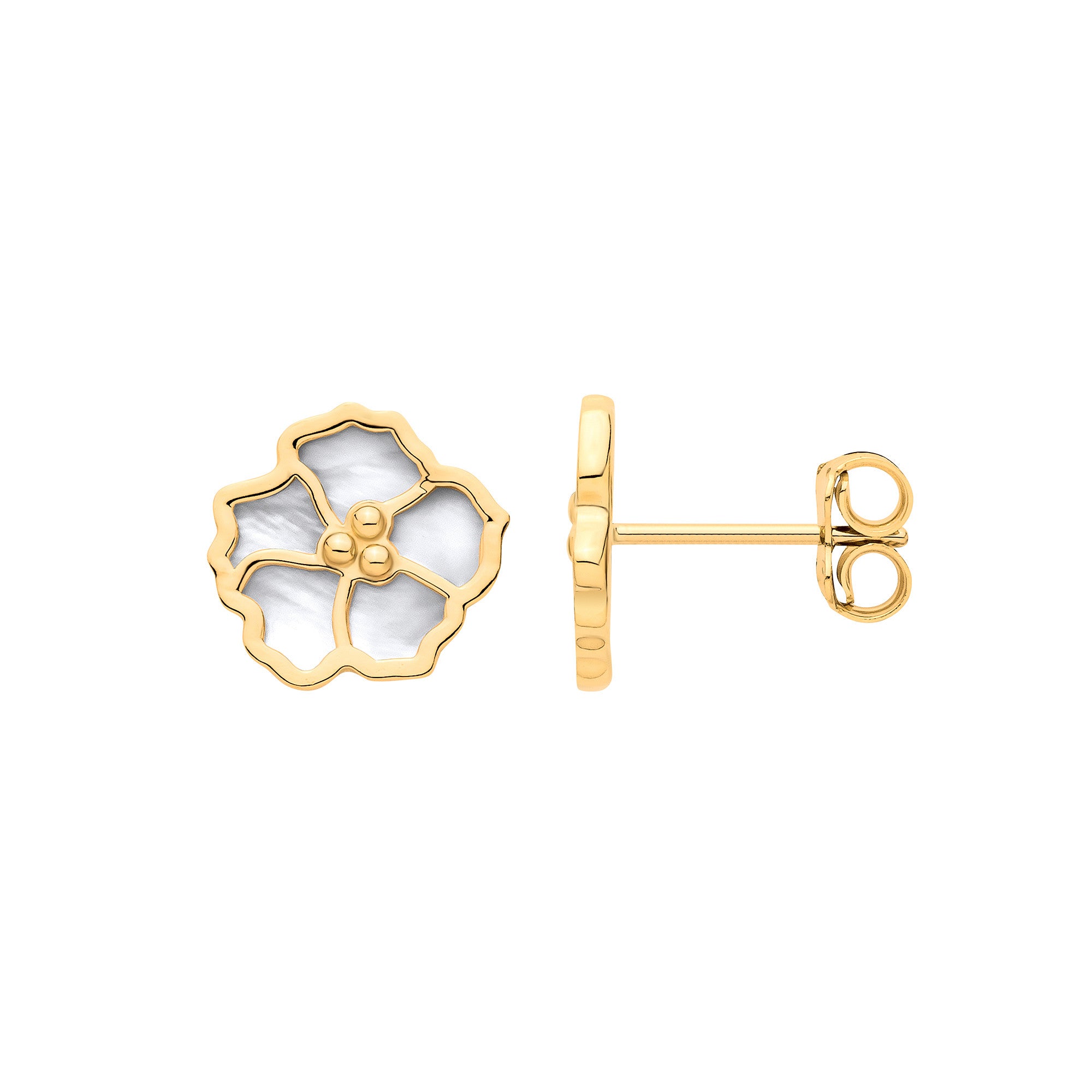 Yellow Gold Flower MOP Stud Earrings