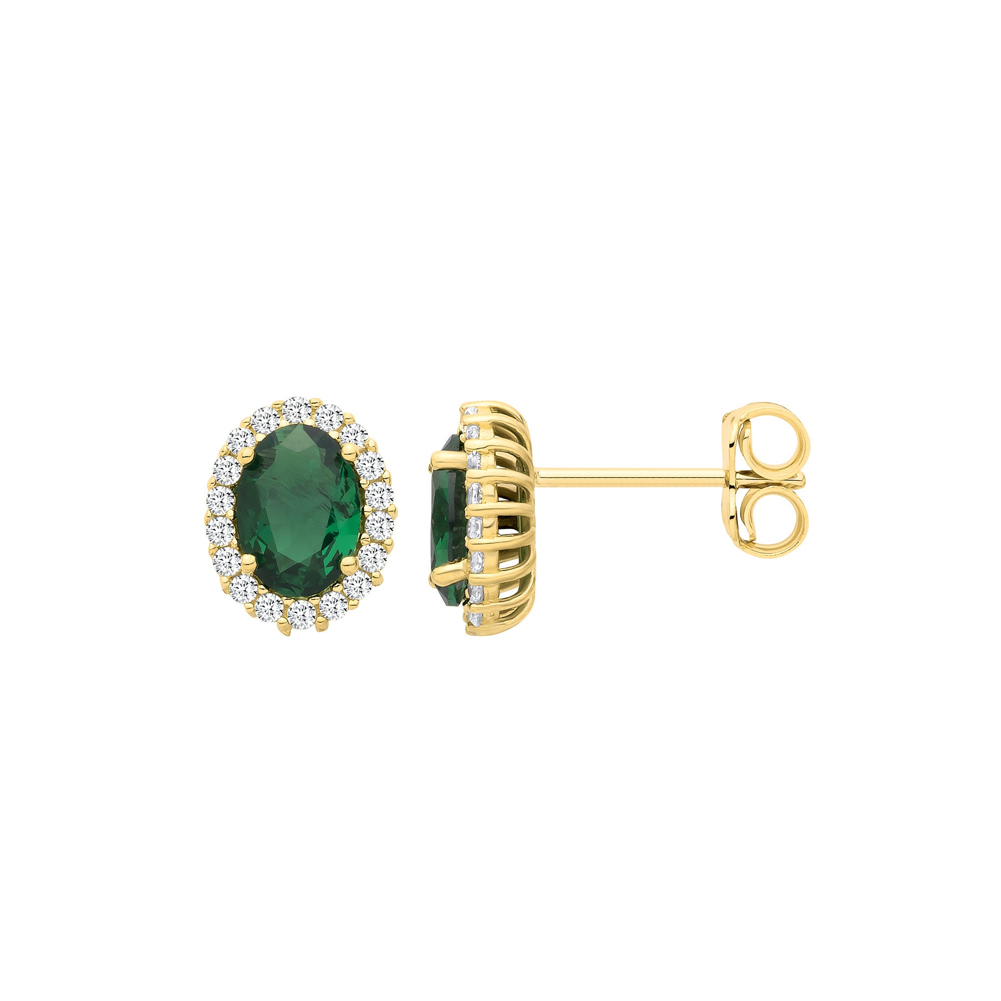 Yellow Gold Green Cubic Zirconia Oval Cut Halo Stud Earrings