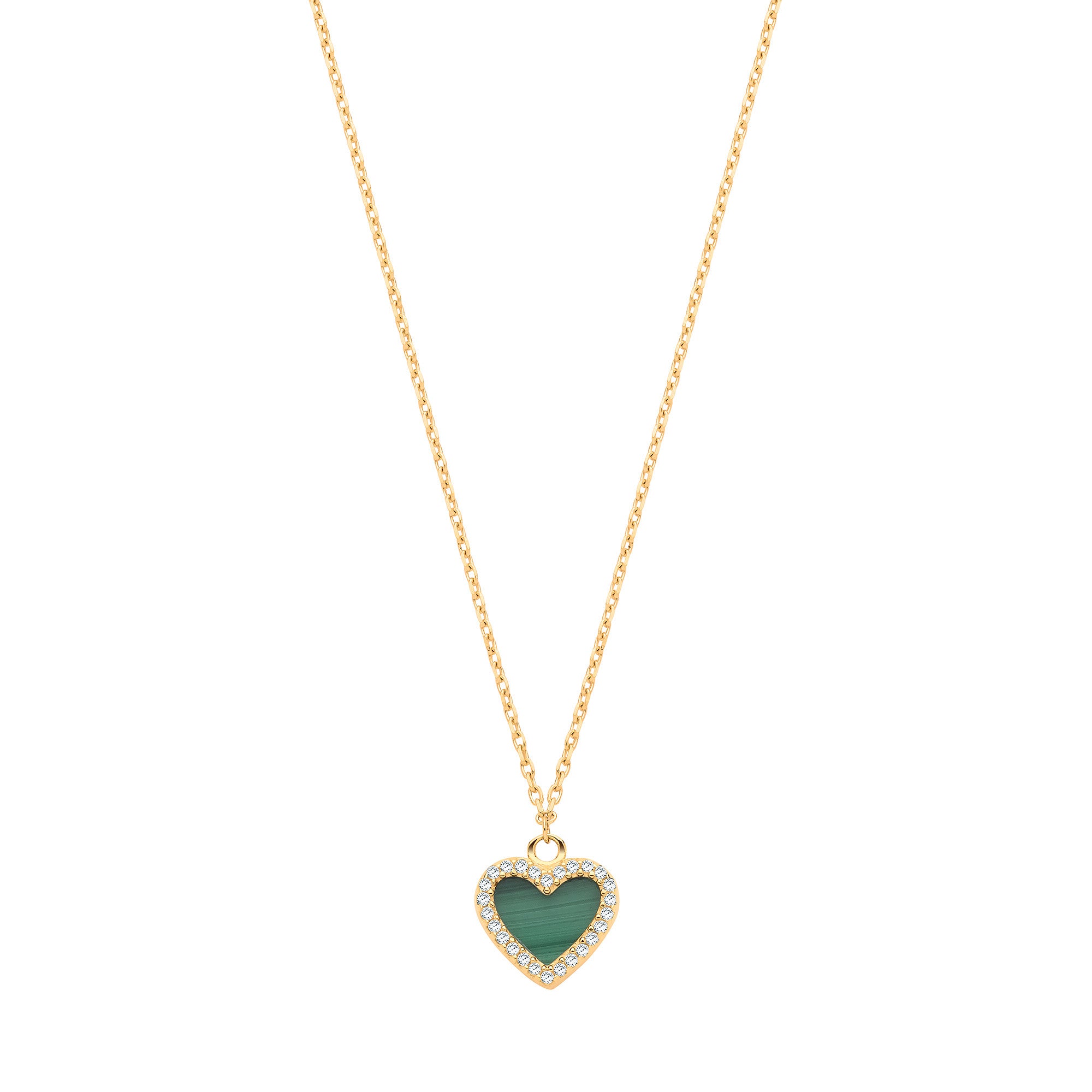 Yellow Gold Malachite & Cubic Zirconias Heart Pendant on 18" Chain
