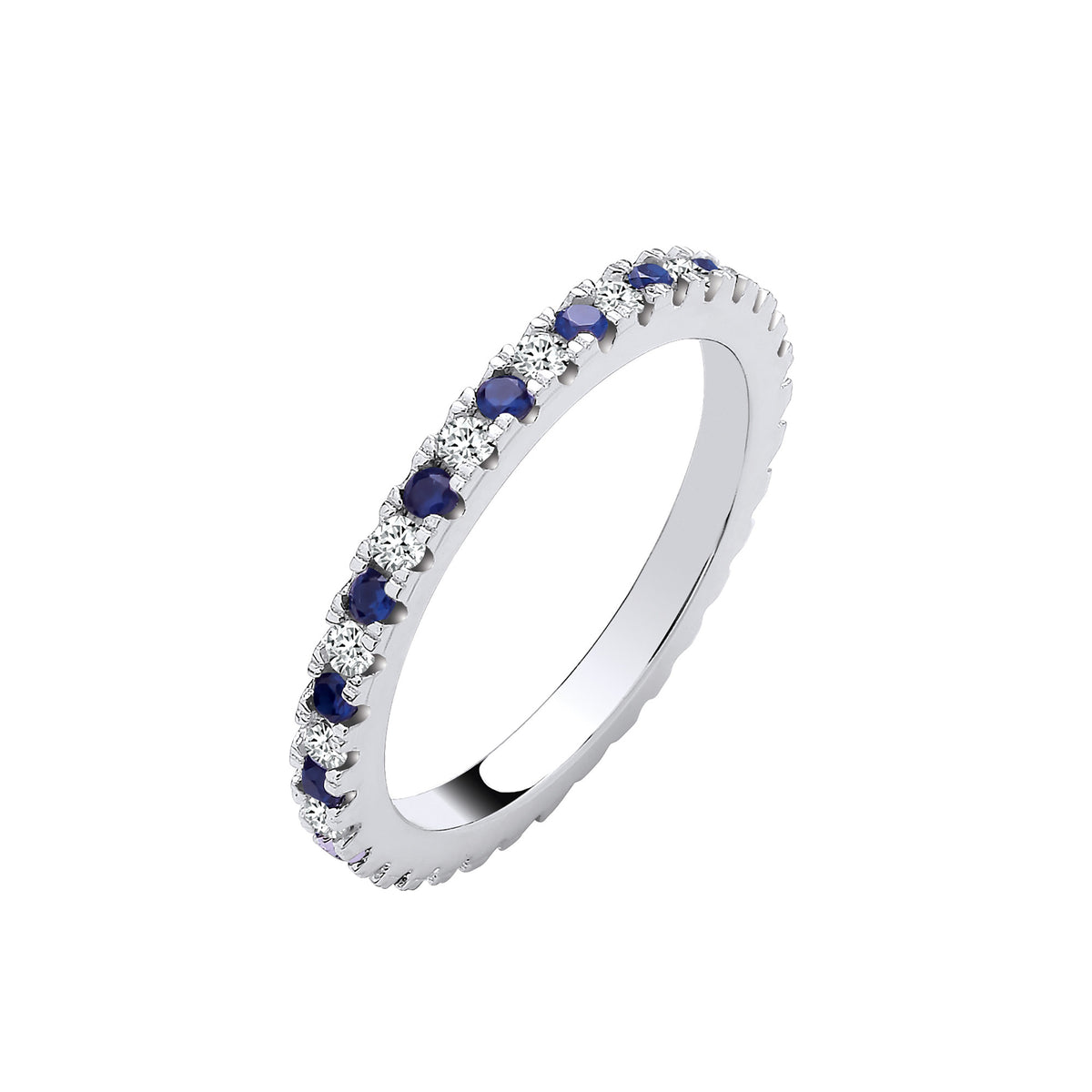 Silver Blue Sapphire & Clear Cubic Zirconias 2mm Full ET Ring