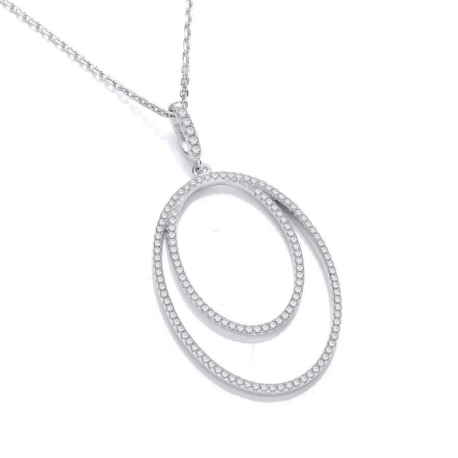 Micro Pave' Oval Double Row Cubic Zirconia Pendant with 18" Chain - Silver
