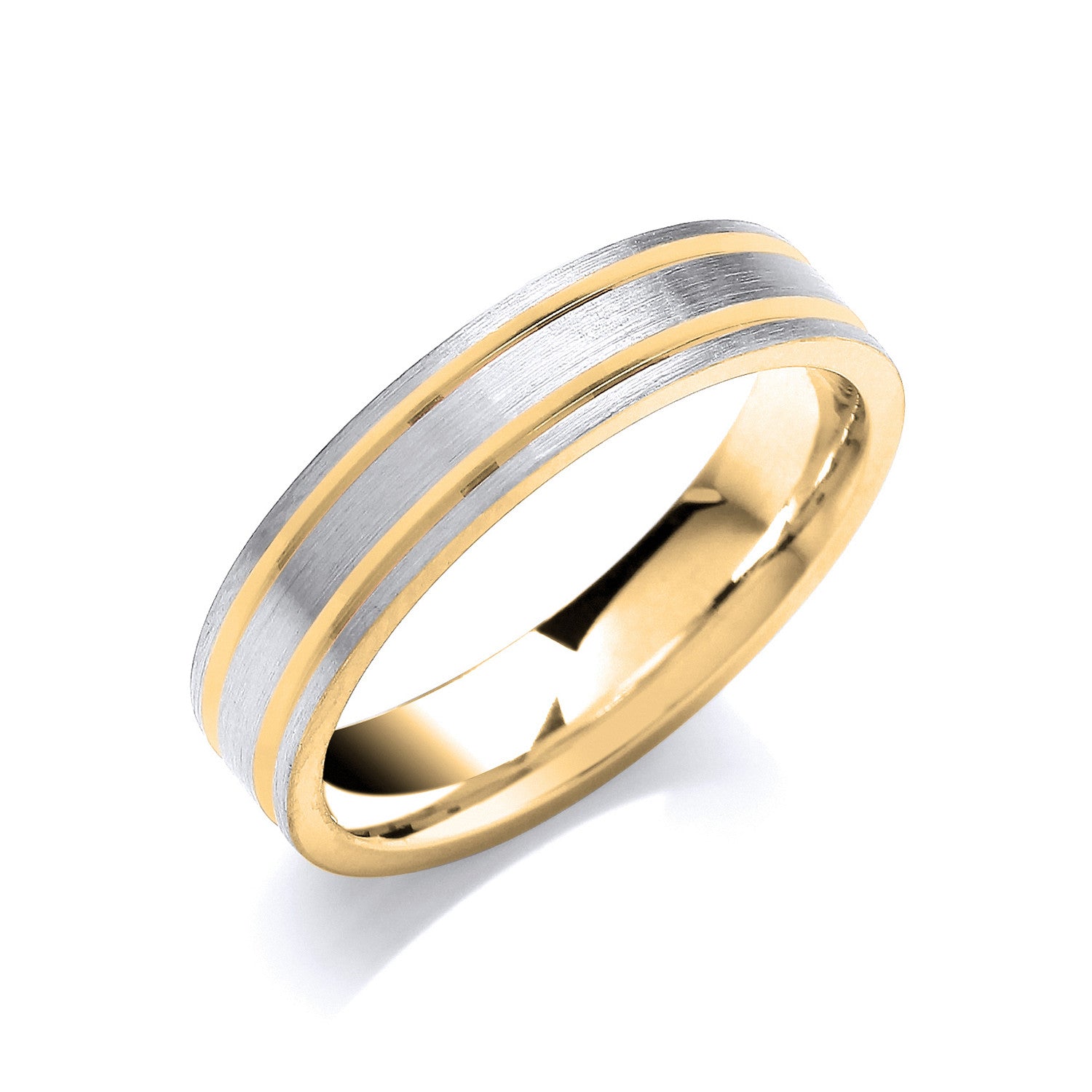 5mm Two Colour Flat Court Matt Finish Parallel Groove Wedding Band - 18ct Gold