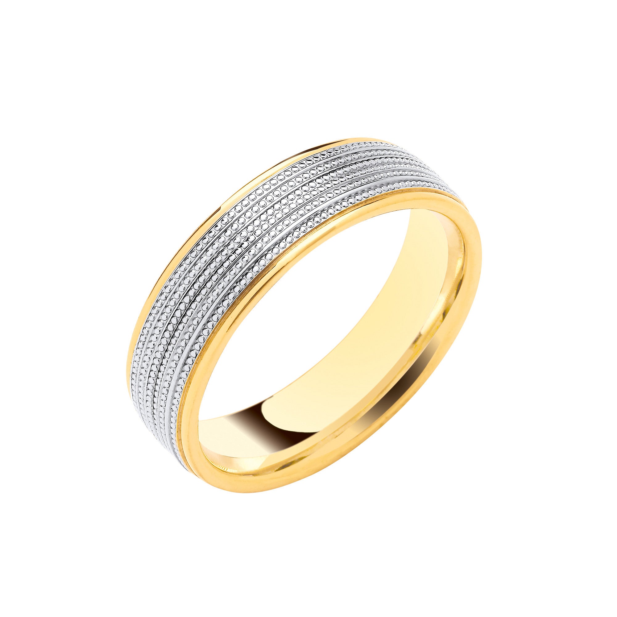 6mm Flat Court Two Colour Mill Grain Centre Wedding Band - 9ct Gold