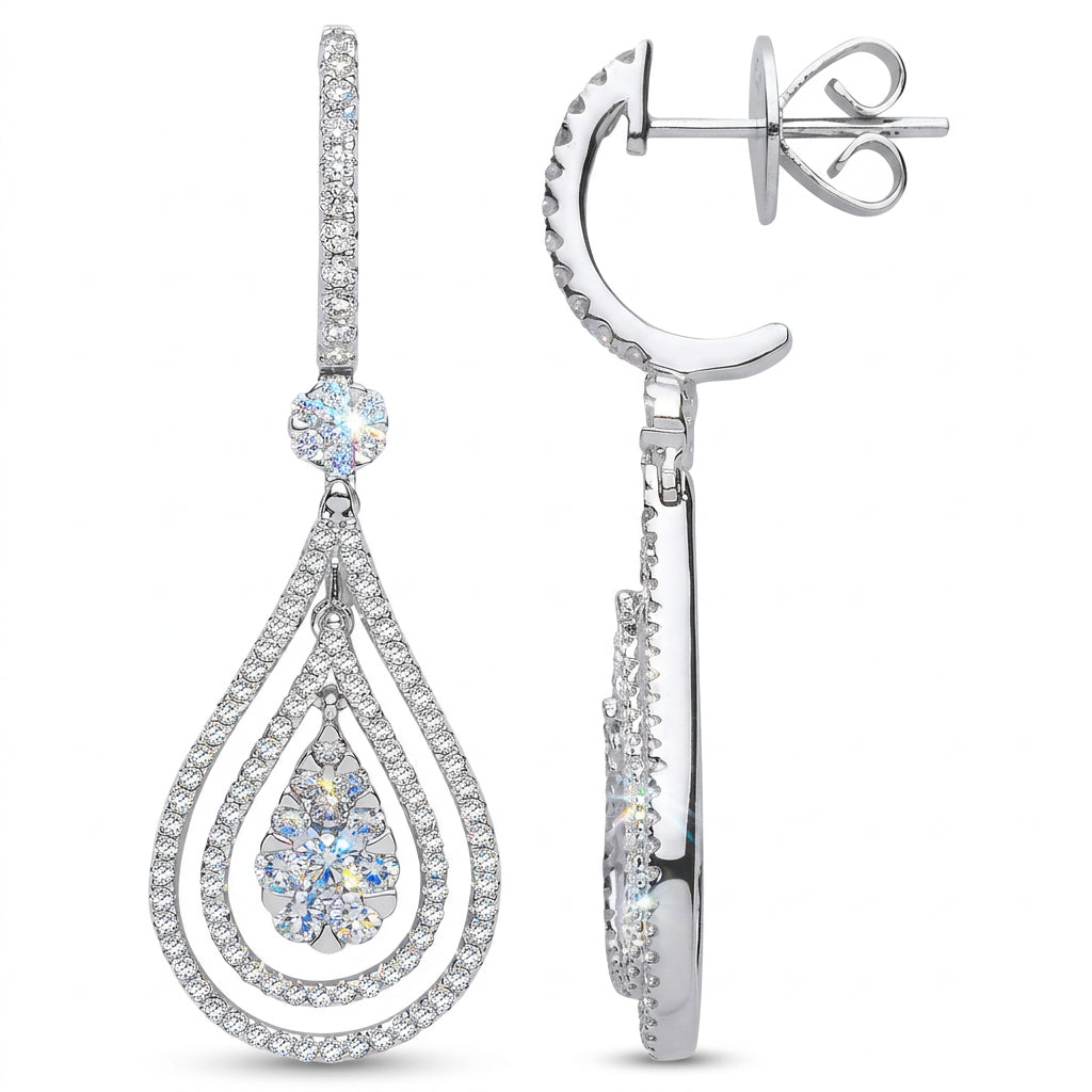 18ct White Gold 1.17ct Fancy Pear Shaped Grain Set Drop Earrings