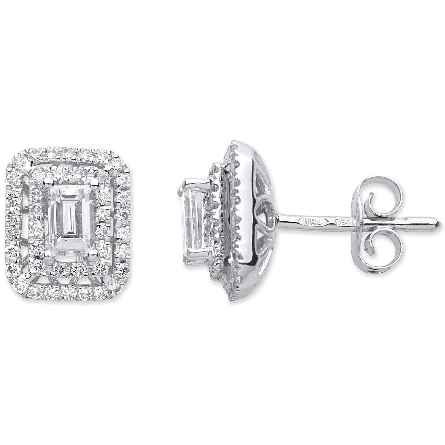18ct White Gold 0.75ct Emerald Cut Rectangular Stud - 18ct Gold