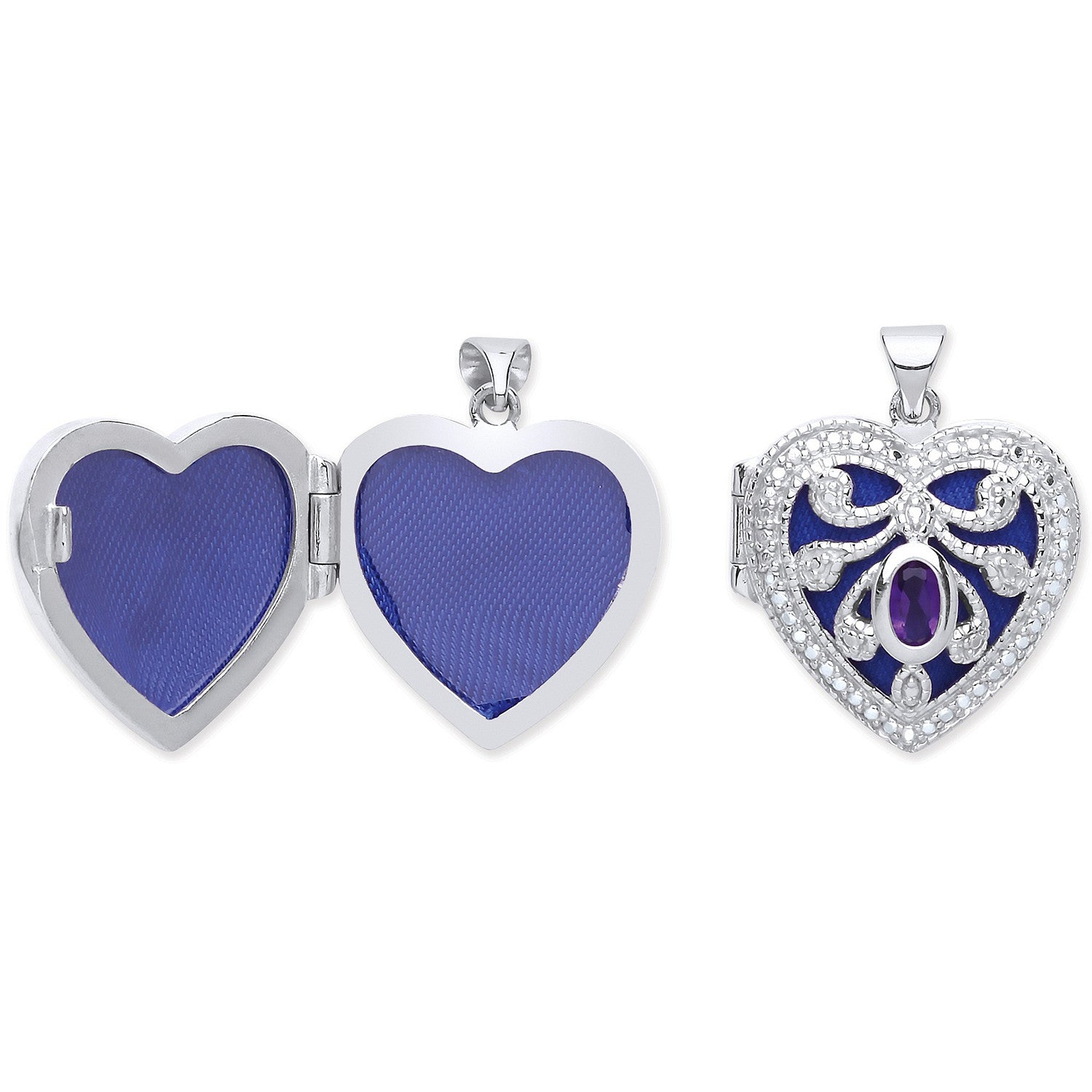 Silver Heart Locket with Amethyst - Silver