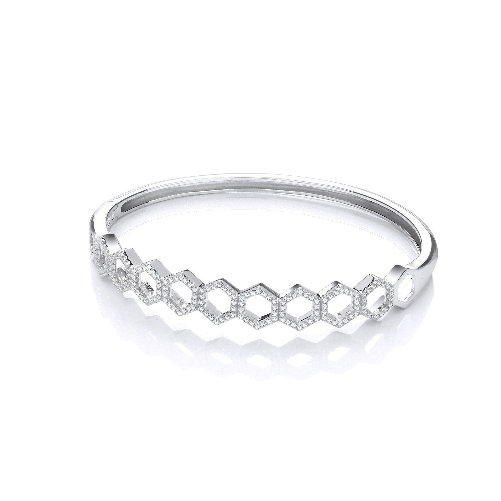 Honeycomb Style Cubic Zirconia Silver Bangle - Silver