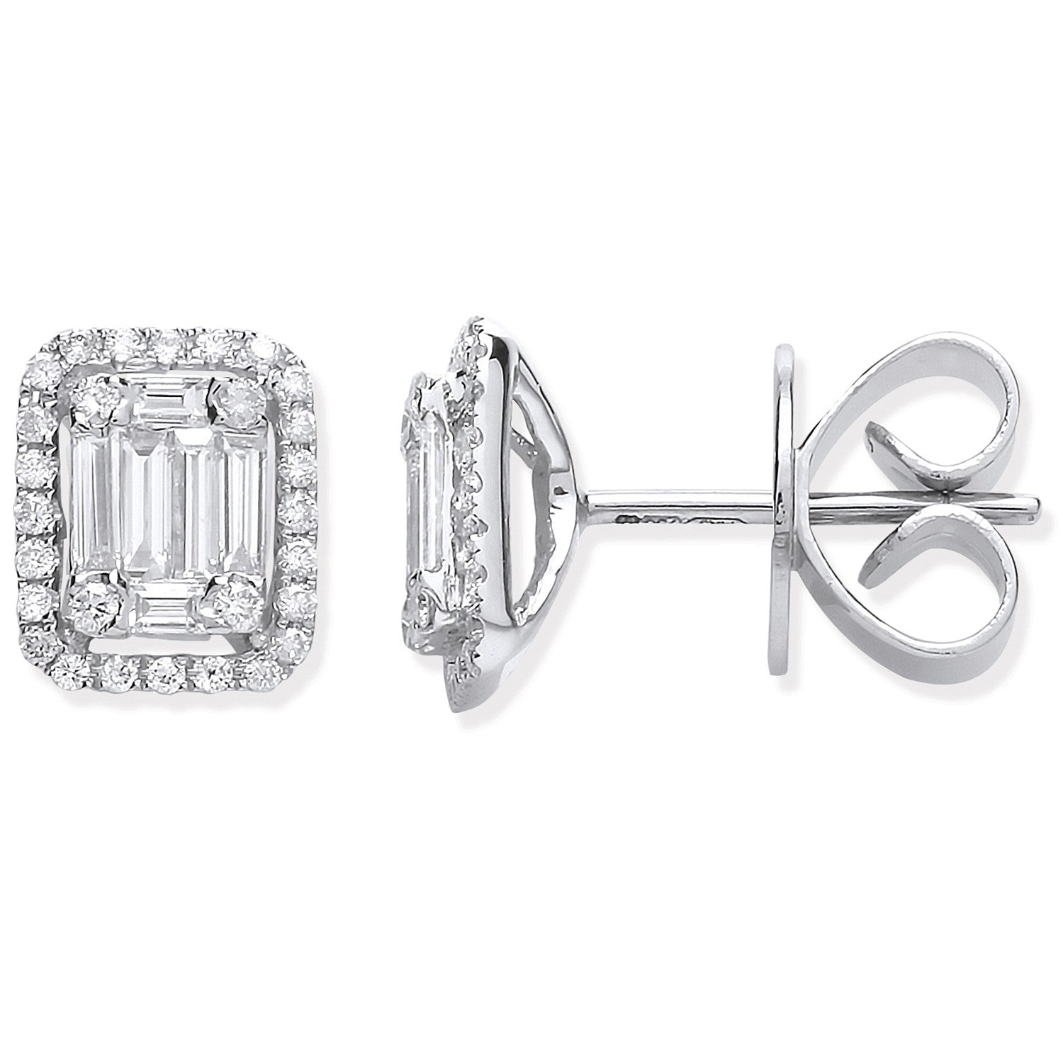18ct White Gold 0.65ct Baguette & Brilliant Cut Diamond Rectangle Halo Earrings - 18ct Gold