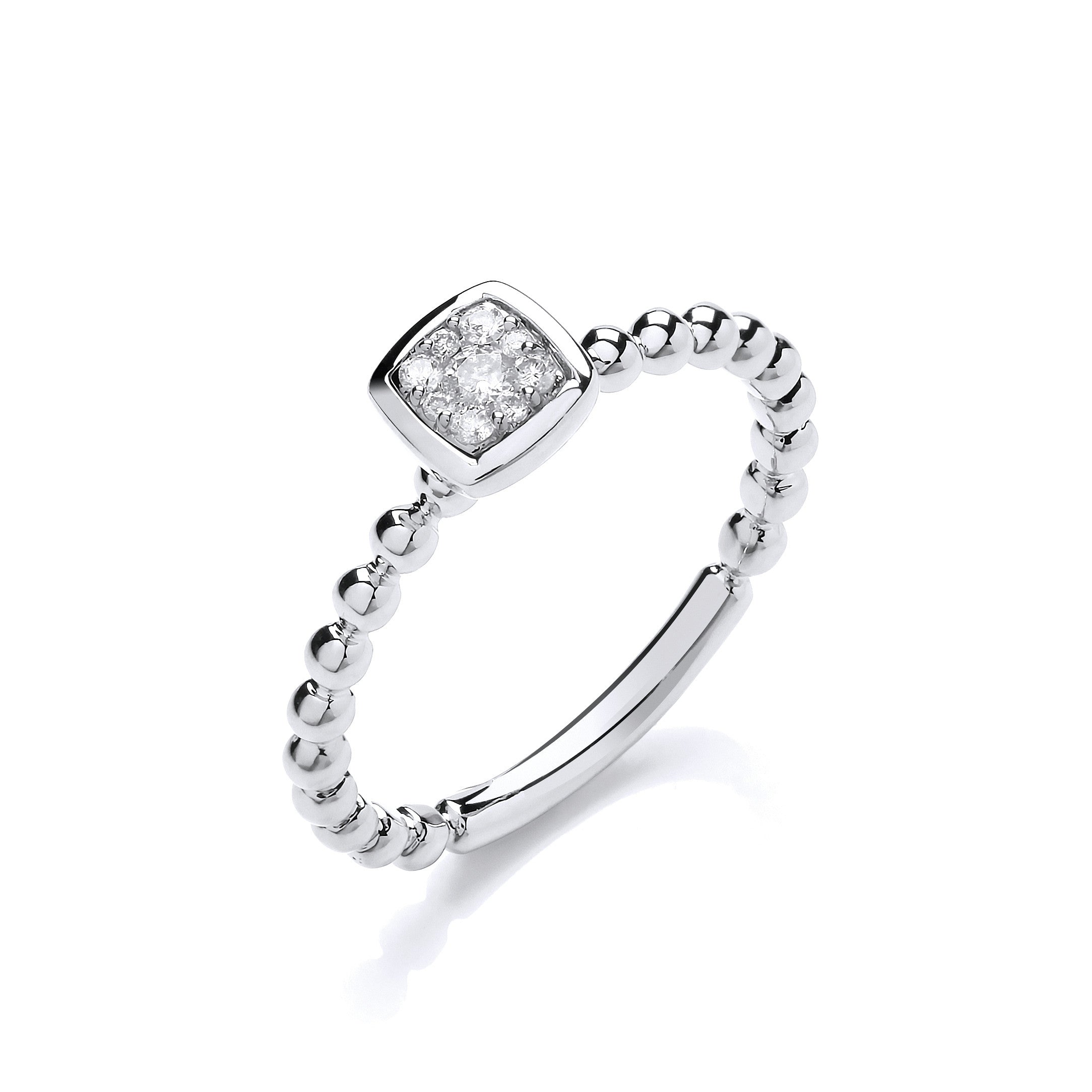 9ct White Gold 0.10ct Beaded Shank Square top Ring - 9ct Gold