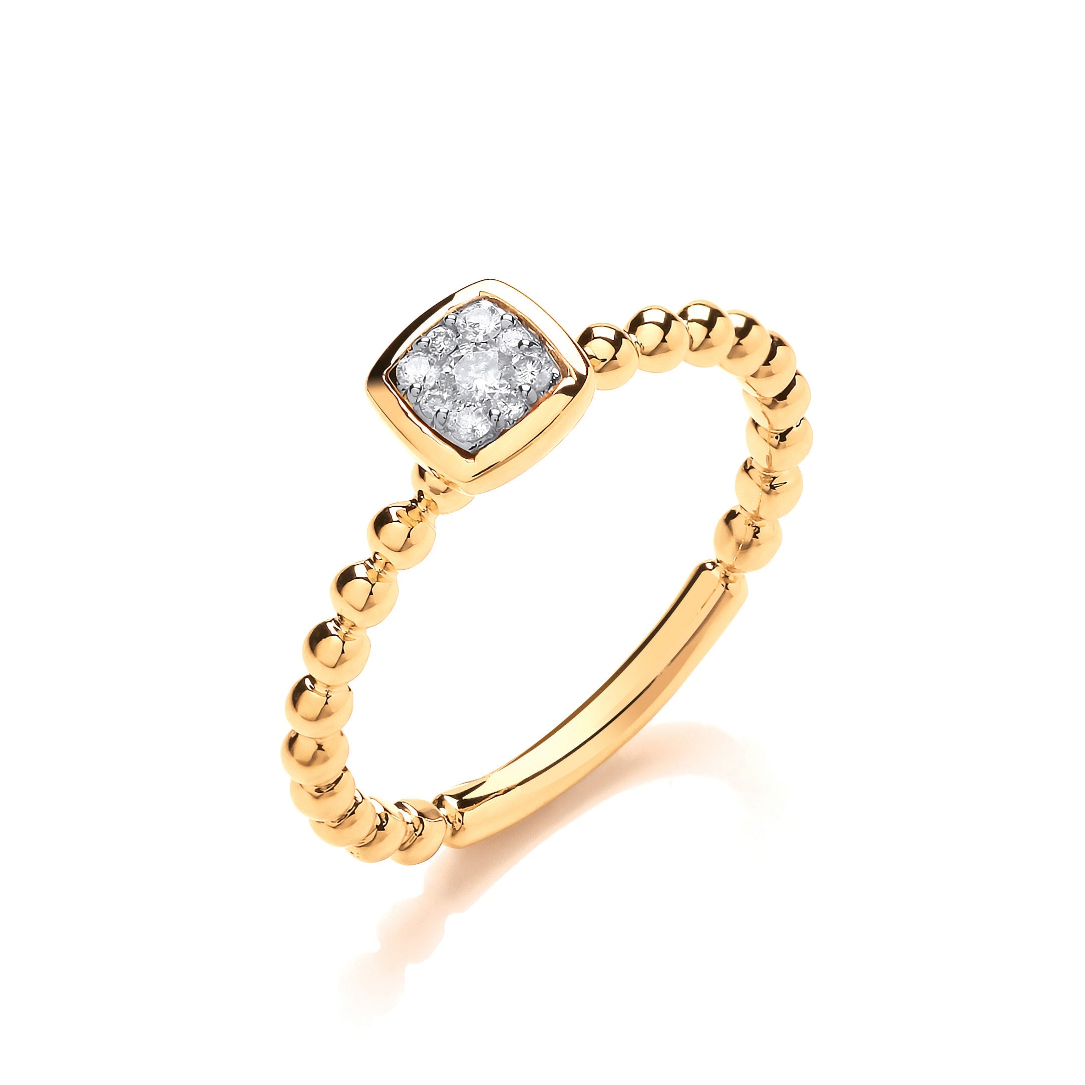 9ct Yellow Gold 0.10ct Beaded Shank Square top Ring - 9ct Gold