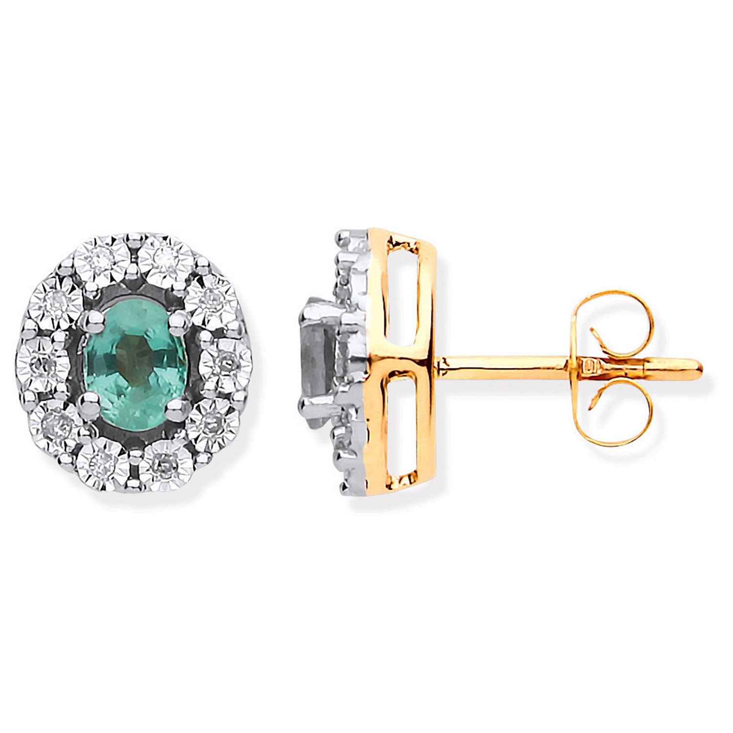 9ct Yellow Gold 0.60ct Emerald & 0.08ct Diamond Oval Stud Earrings - 9ct Gold