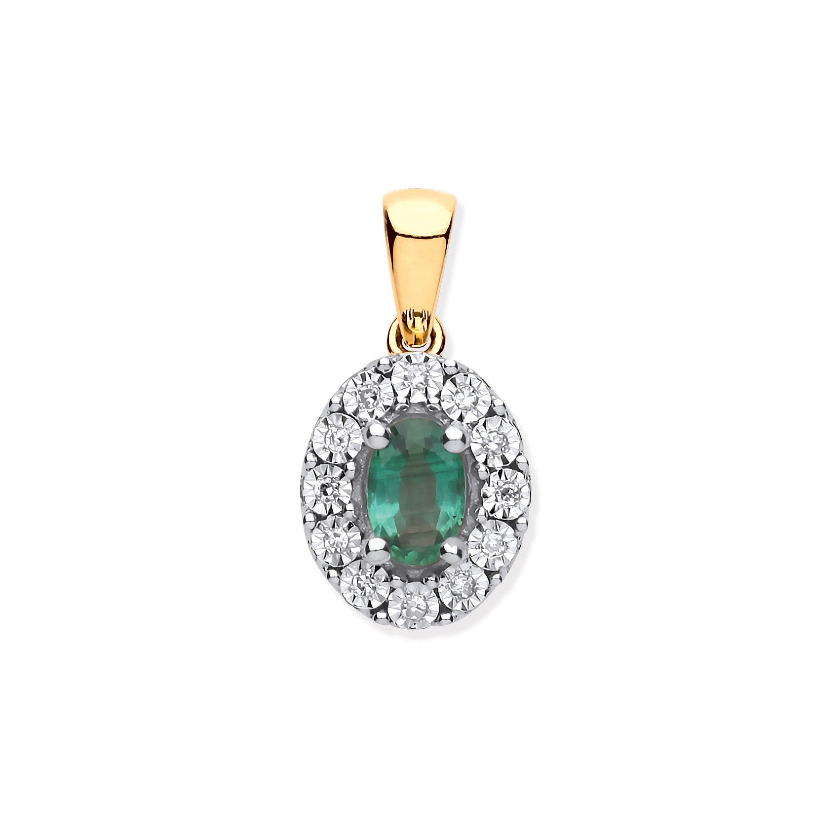 9ct Yellow Gold 0.40ct Emerald Cluster 0.05ct Diamond Pendant - 9ct Gold