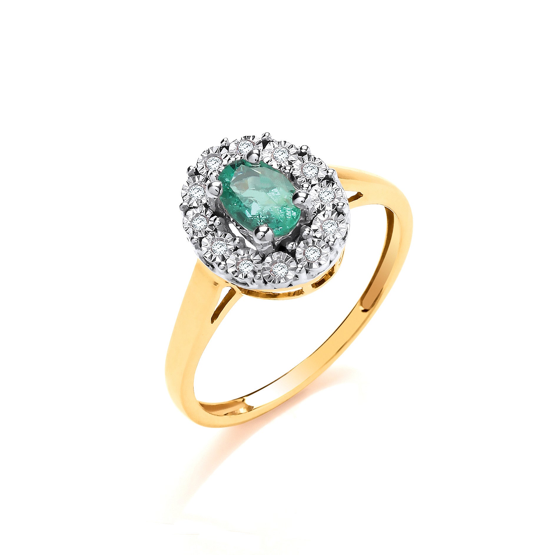 9ct Yellow Gold 0.40ct Emerald Cluster & 0.05ct Diamond Ring - 9ct Gold