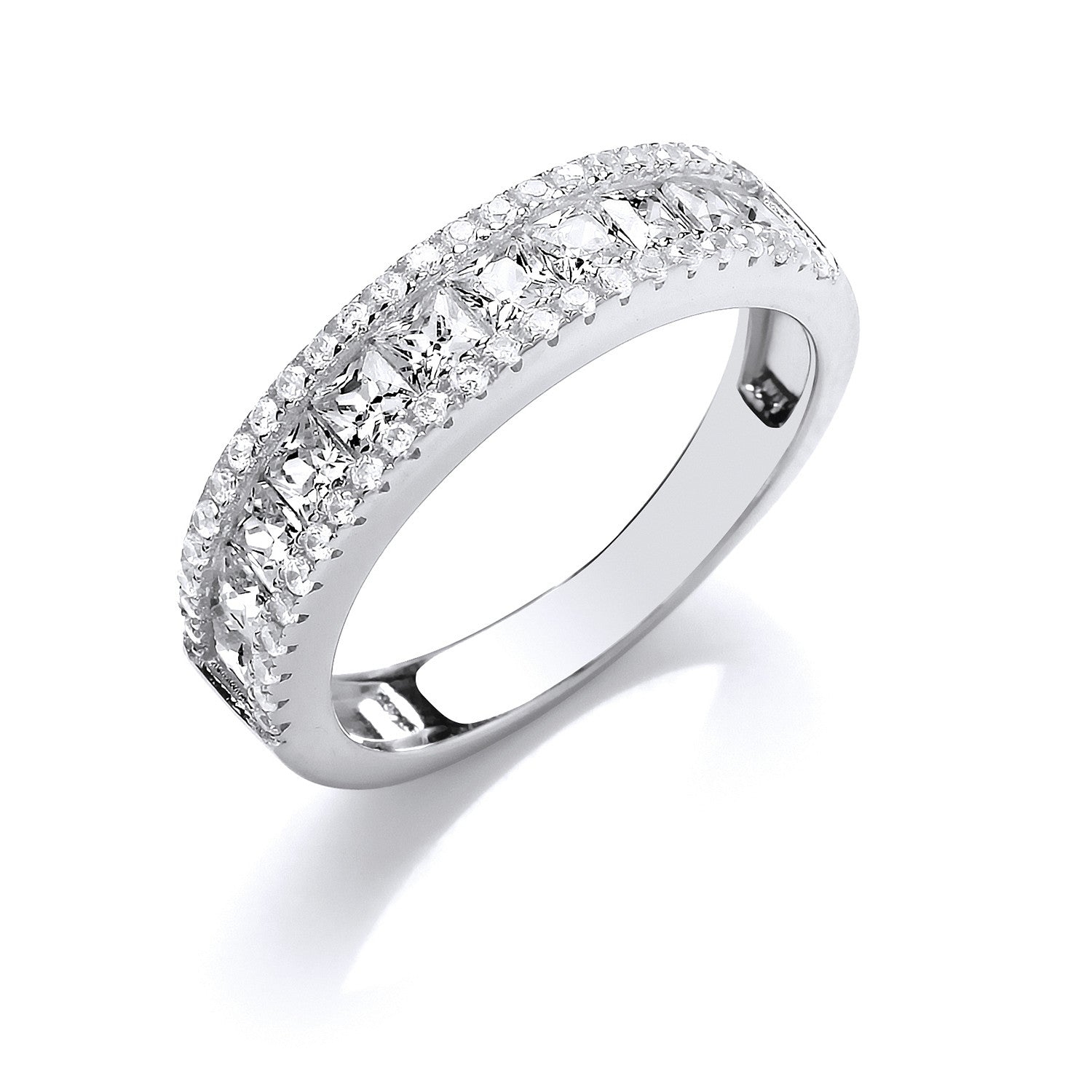 Silver Princess Cut & Round Cubic Zirconias Half ET Ring - Silver