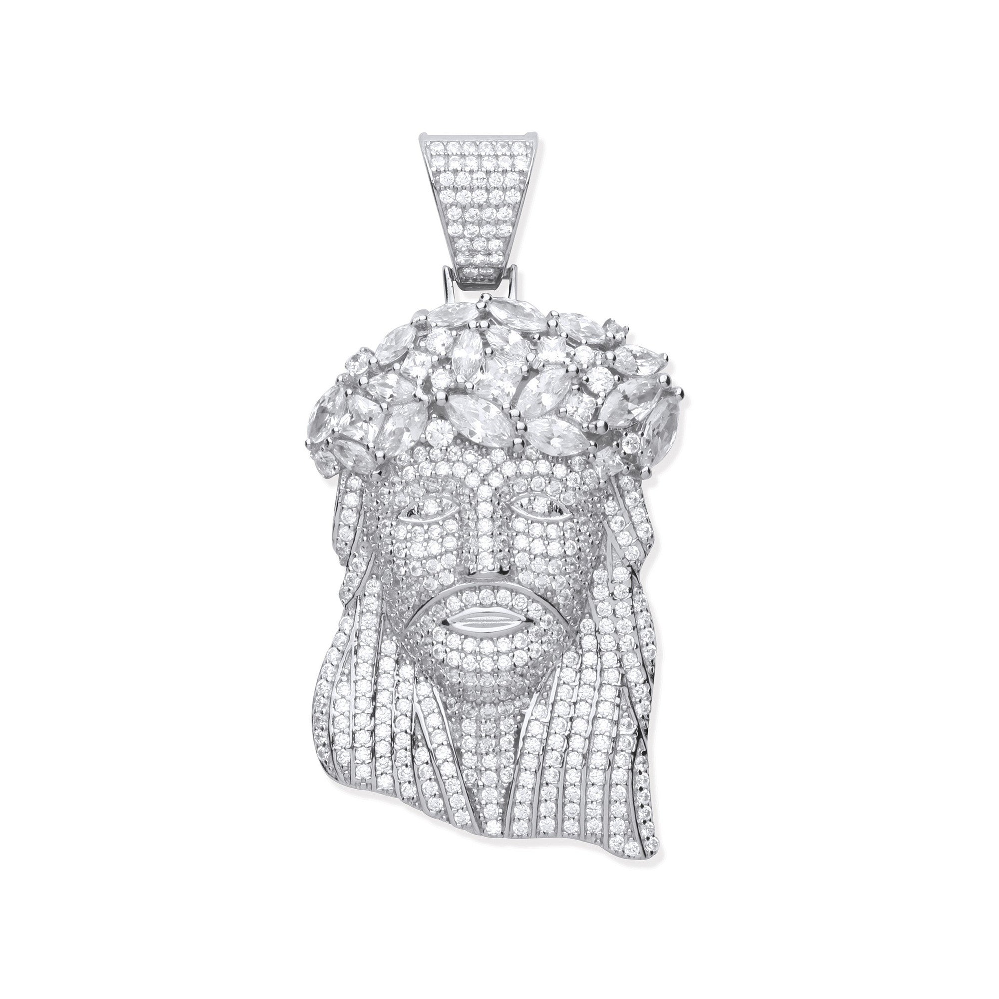 Silver Cubic Zirconia Pendant Jesus with Crown of Thorns - Silver