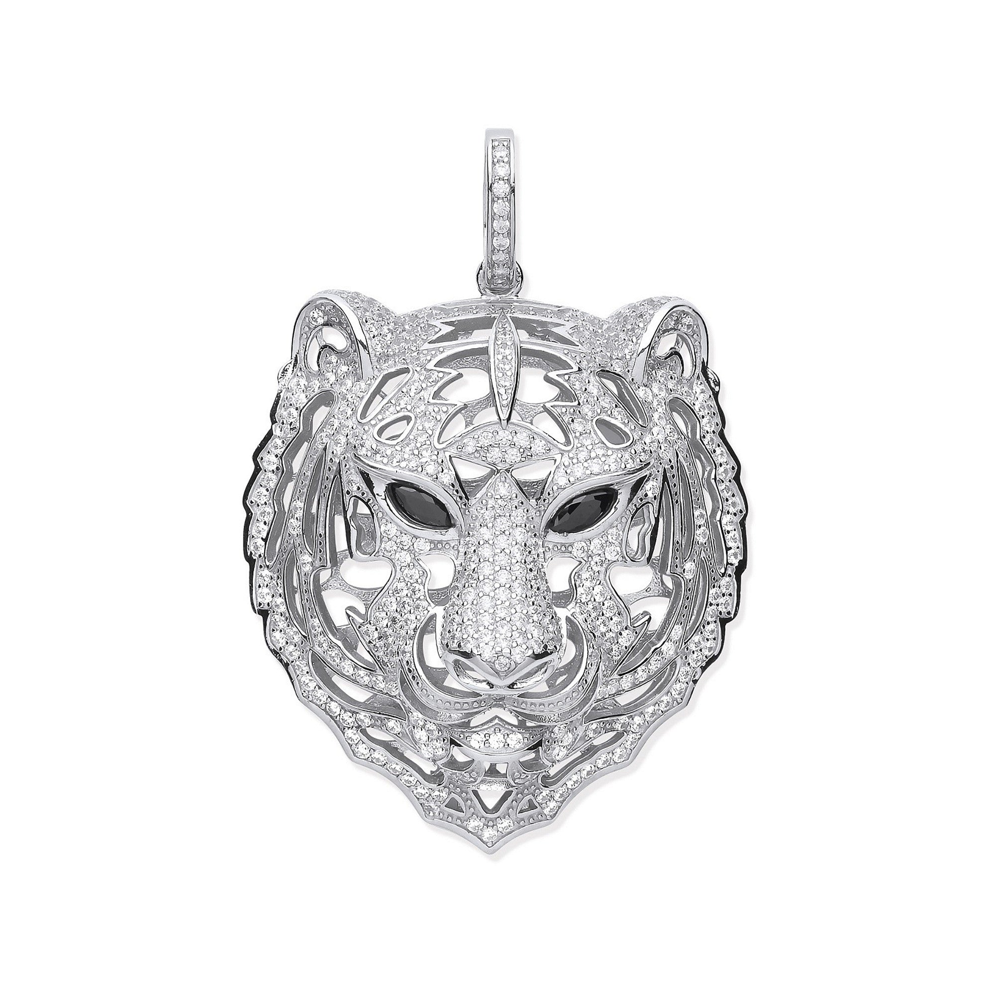 Silver Cubic Zirconia Tiger Head Black Cubic Zirconia Eyes Pendant - Silver