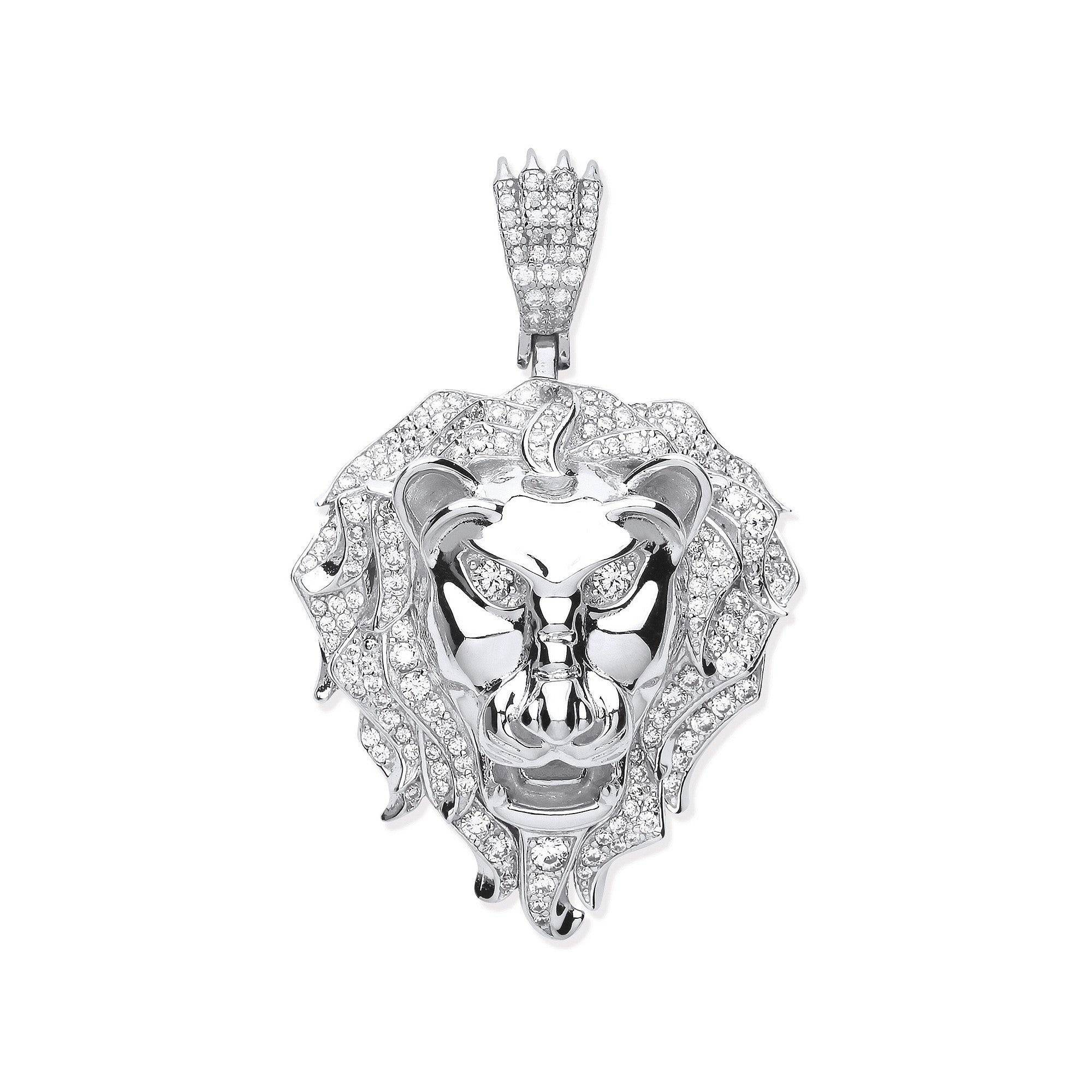 Silver Cubic Zirconia Lion Head Pendant - Silver