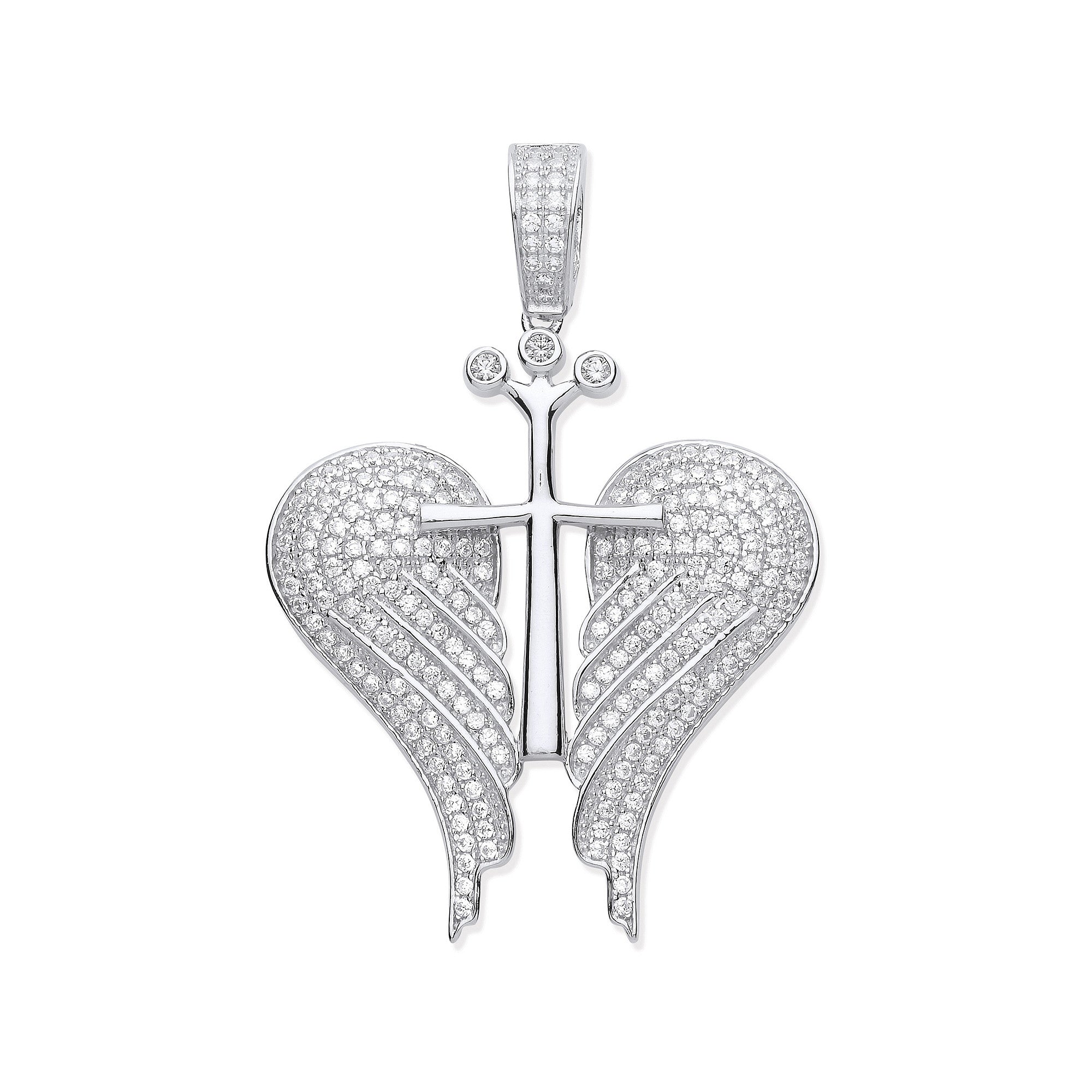 Pendentif ailes d'ange ouvertes en zircone cubique argentée avec croix royale - Argent