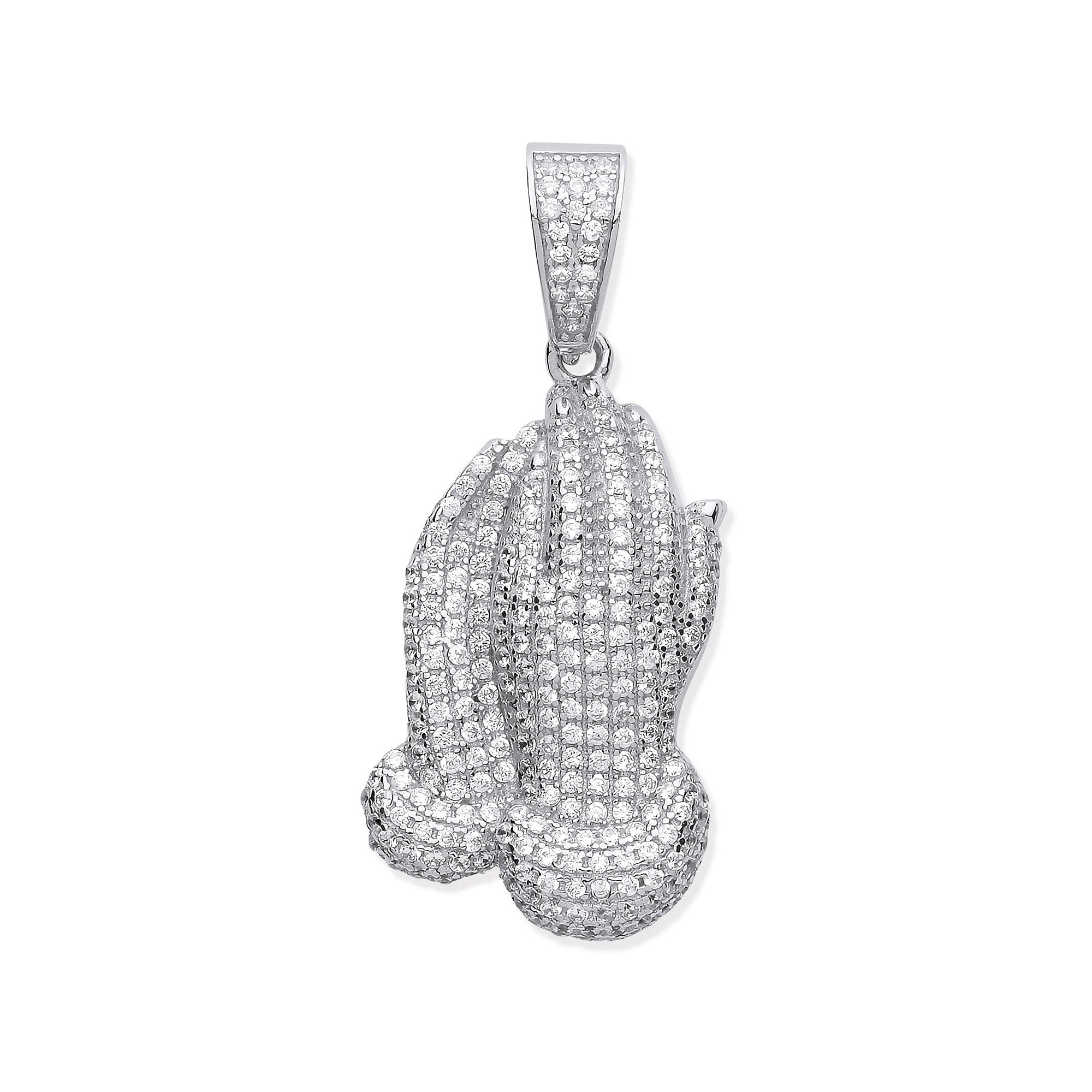 Silver Cubic Zirconia Praying Hands Pendant - Silver