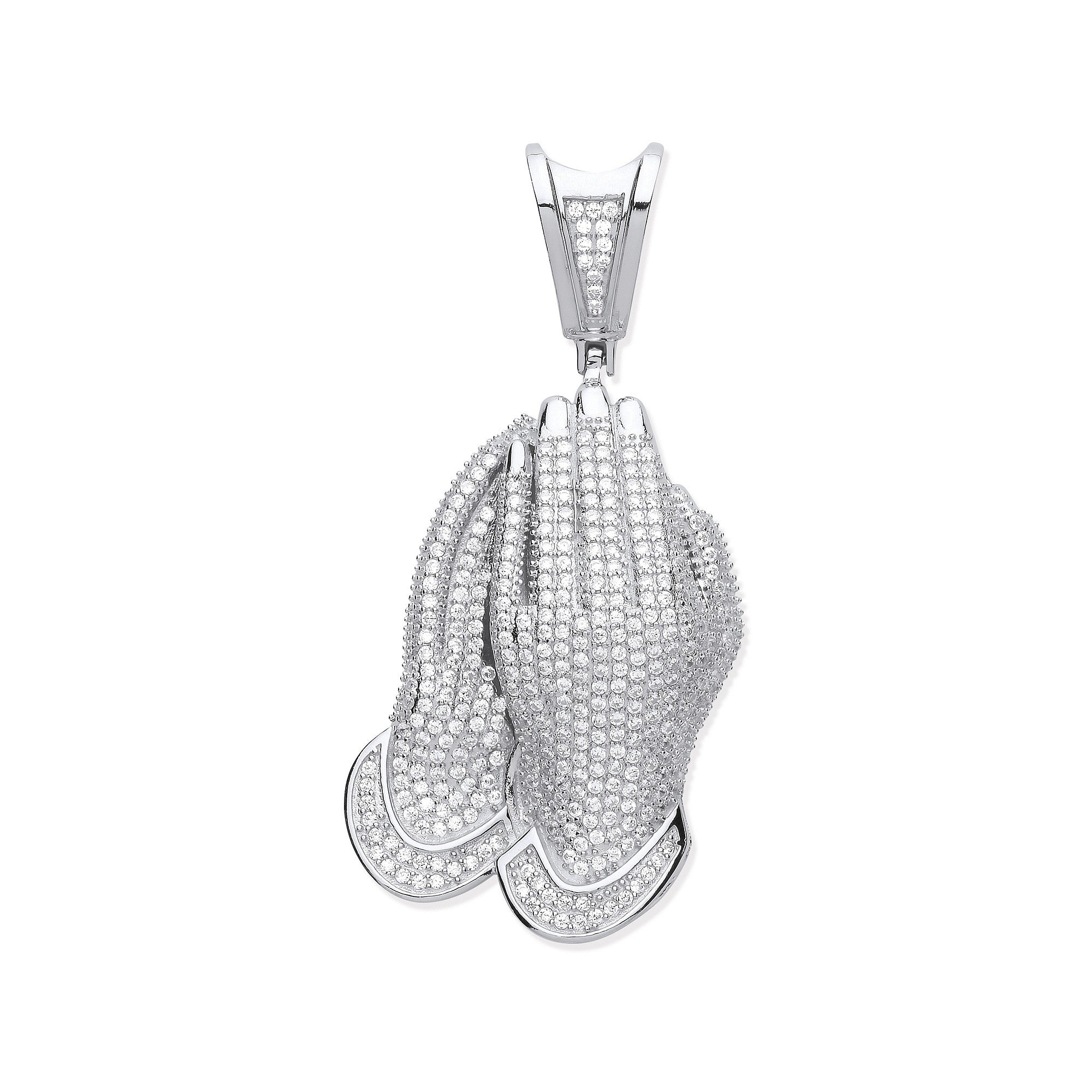 Silver Cubic Zirconia Large Praying Hands Pendant - Silver