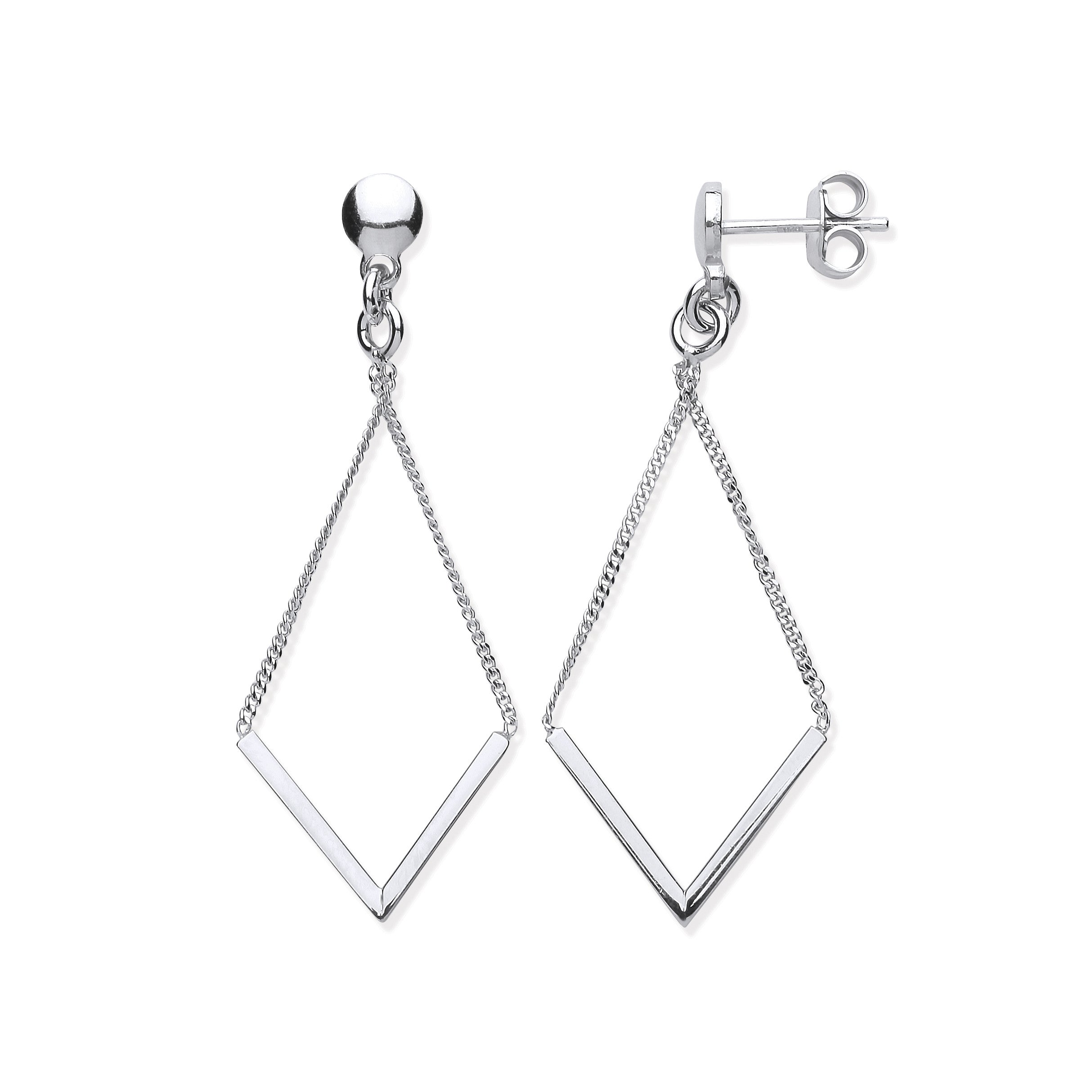 Silver Diamond Shape Chain Drop Earrings - Silver