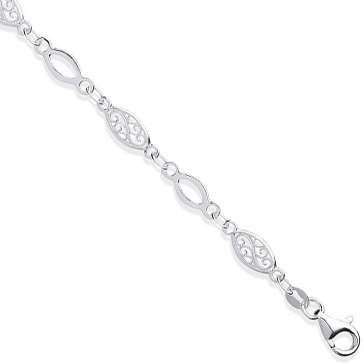 Silver Filigree & Plain Links Ladies Bracelet - Silver