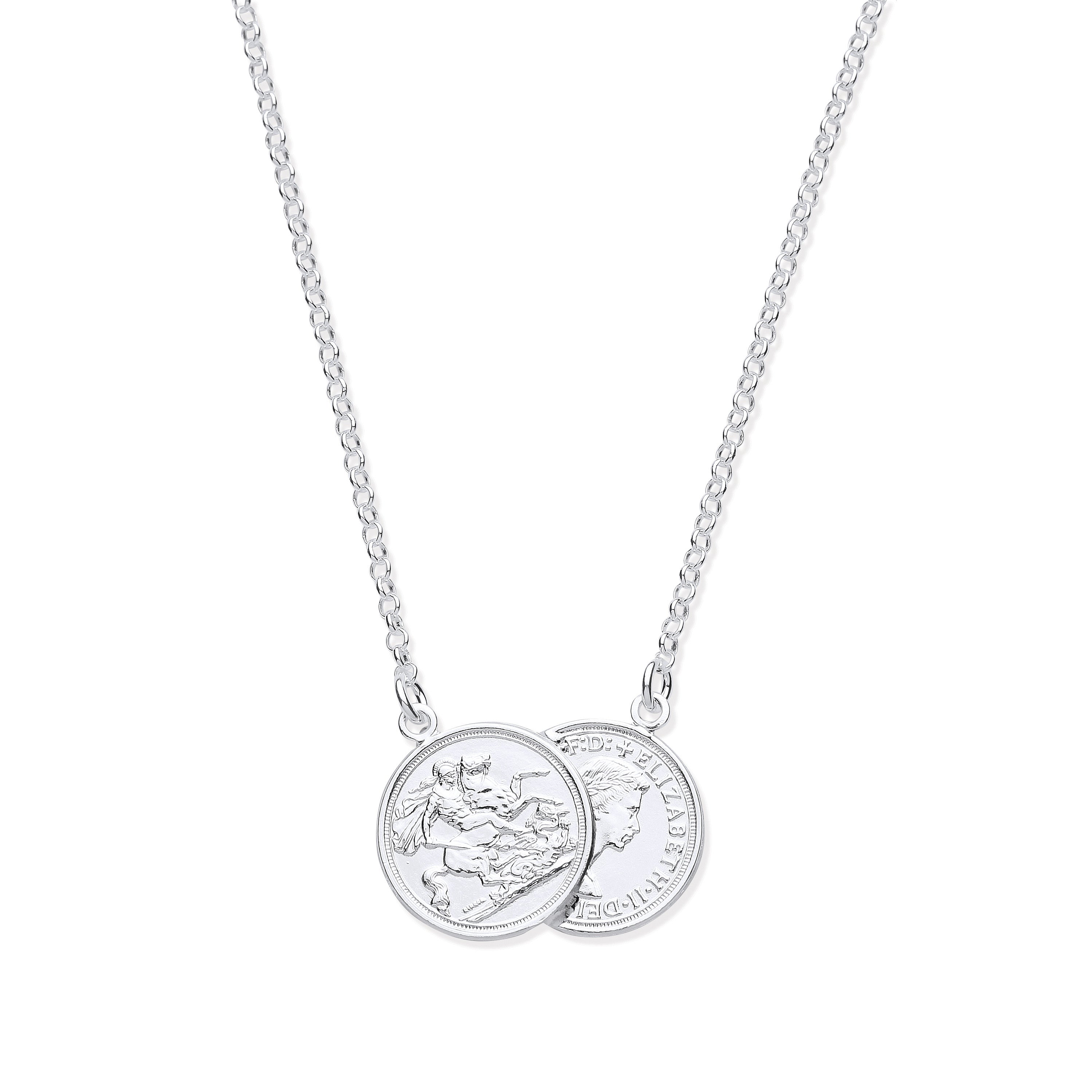 Silver Double Coin Pendant 17" Necklace - Silver