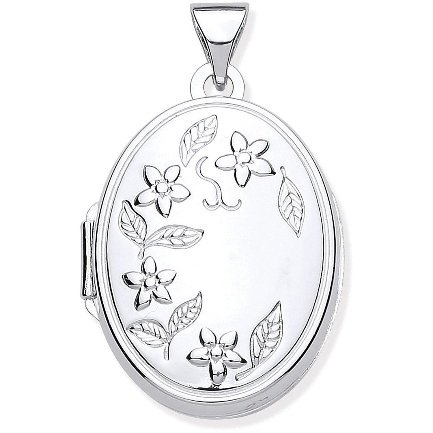 Silver Engraved Flower Oval Locket - Silver