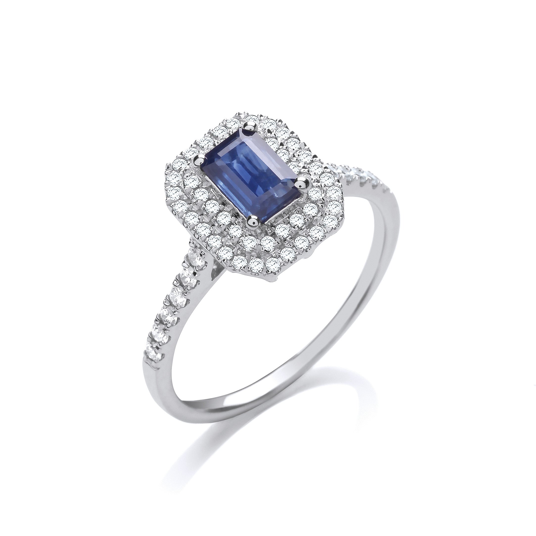 9ct White Gold 0.30ct Double Halo Diamond 0.66ct Emerald Cut Sapphire Ring - 9ct Gold