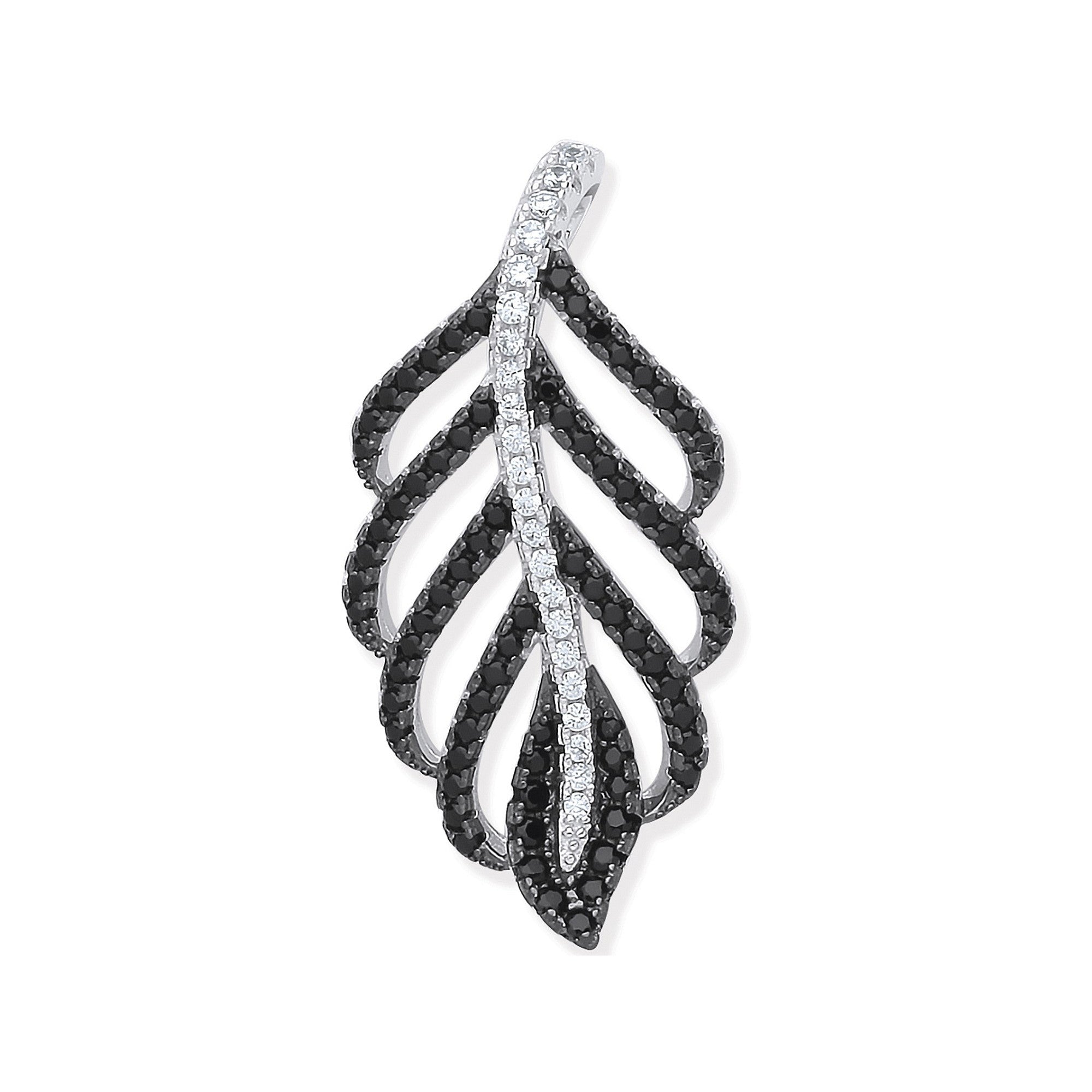 Silver Black & Clear Cubic Zirconia Leaf Drop Pendant - Silver