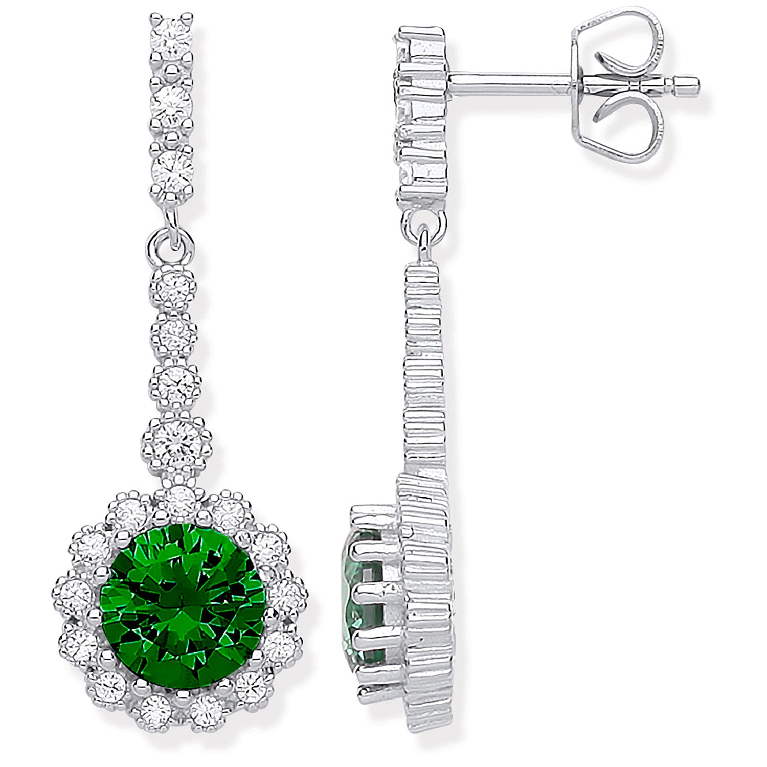 Silver Round Green Cubic Zirconia Long Drop Earrings - Silver